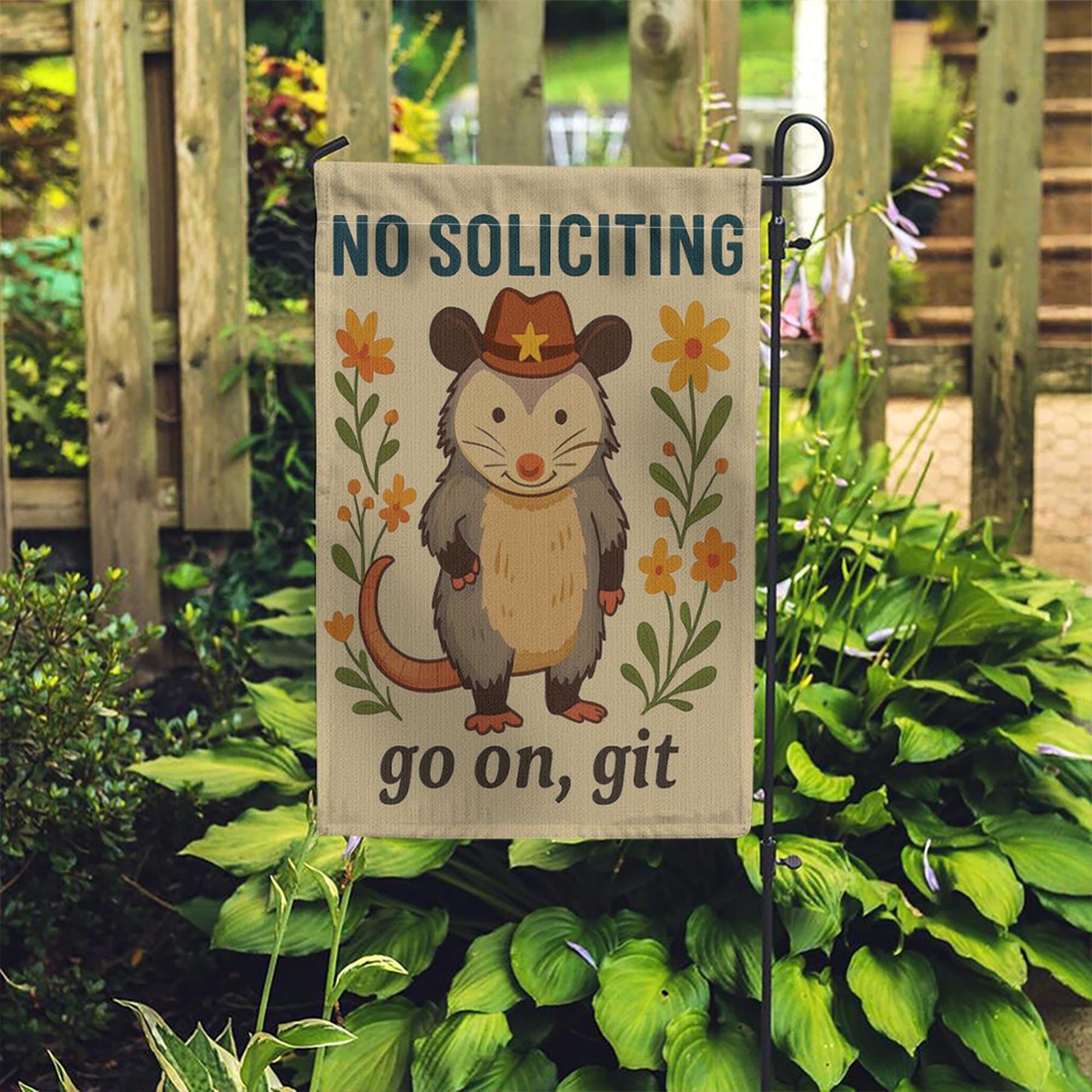 Funny No Soliciting Garden Flag, Cowboy Possum Yard Decor, Go On Git Sign, Cute Animal Porch Banner, Country Outdoor Humor Gift