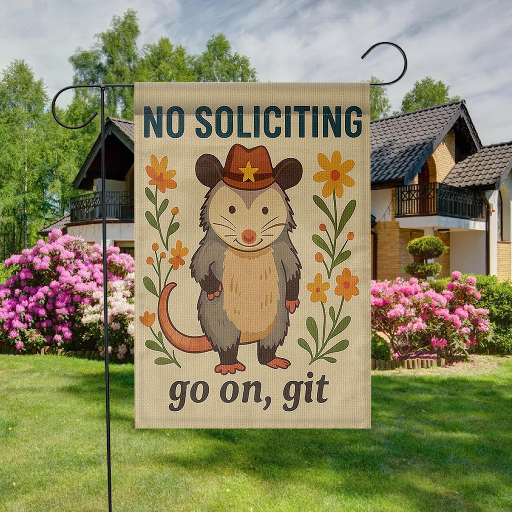 Funny No Soliciting Garden Flag, Cowboy Possum Yard Decor, Go On Git Sign, Cute Animal Porch Banner, Country Outdoor Humor Gift