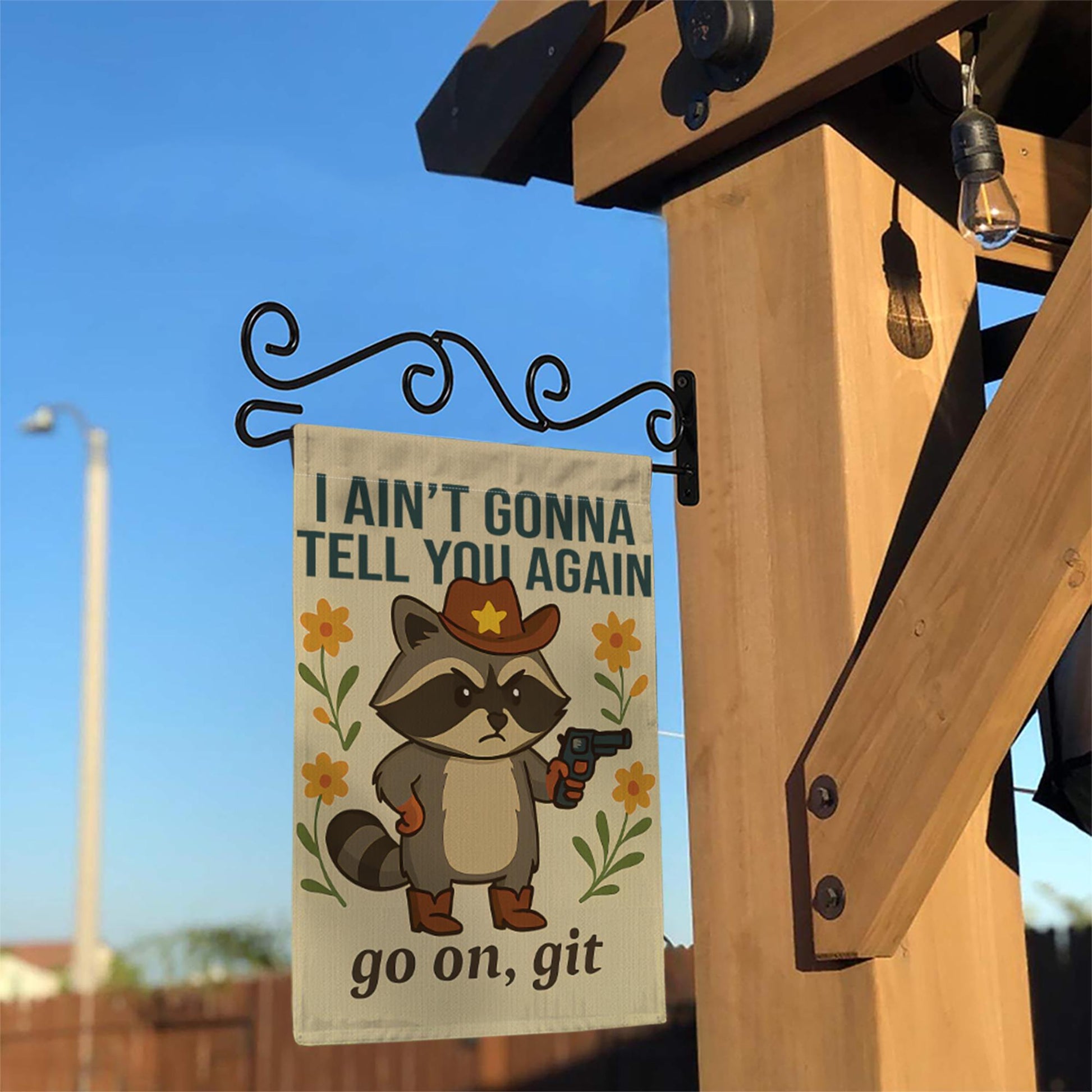 Funny No Soliciting Garden Flag, Cowboy Raccoon Yard Decor, Go On Git Warning Sign, Rustic Animal Porch Banner, Outdoor Humor Gift