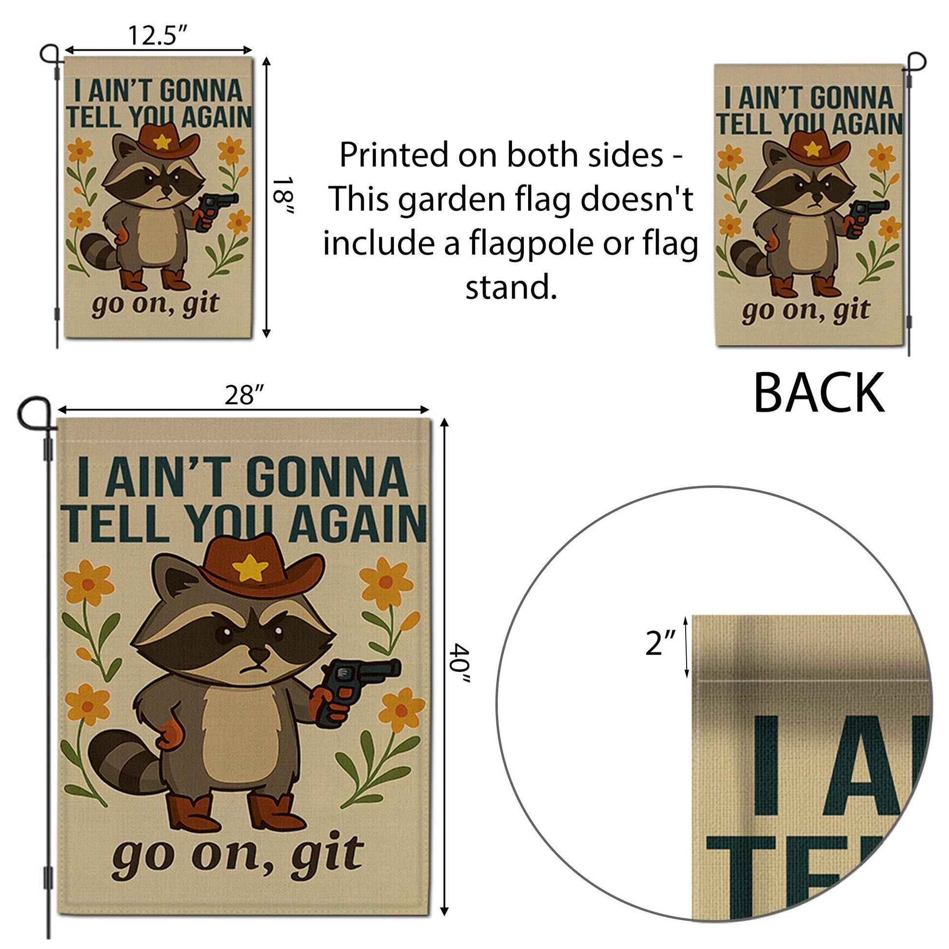 Funny No Soliciting Garden Flag, Cowboy Raccoon Yard Decor, Go On Git Warning Sign, Rustic Animal Porch Banner, Outdoor Humor Gift