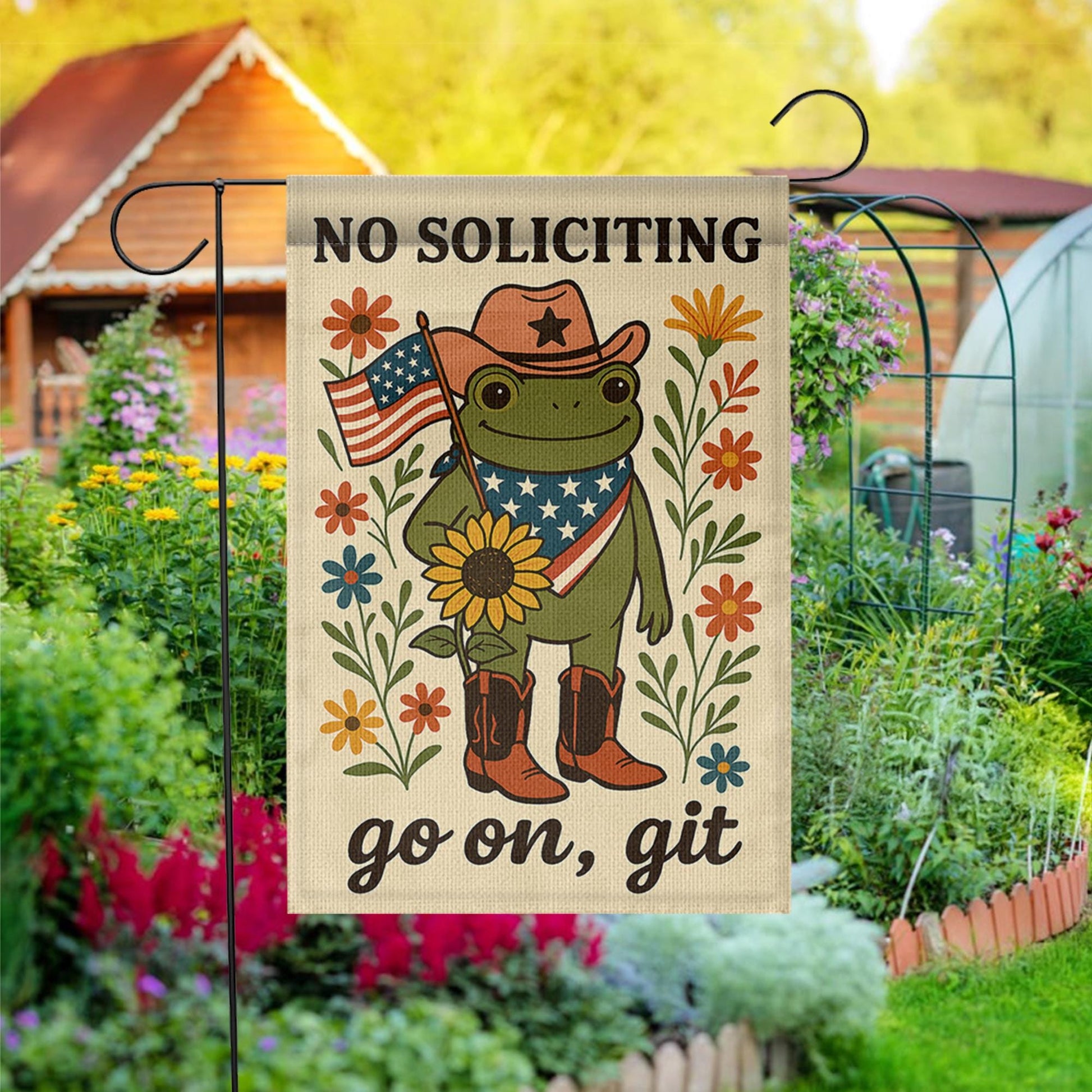 Patriotic Frog Garden Flag, No Soliciting Funny Yard Sign, Go On Git Outdoor Decor, Cowboy Frog Banner, Rustic Porch Flag Gift