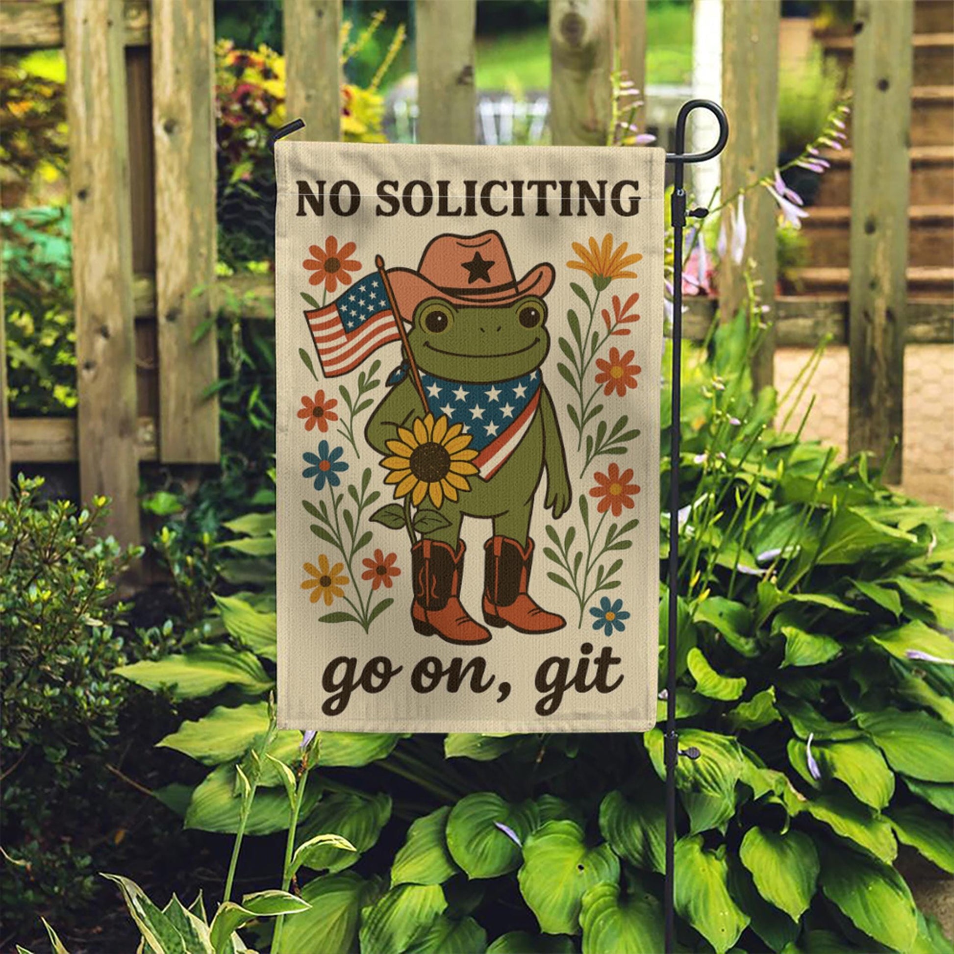Patriotic Frog Garden Flag, No Soliciting Funny Yard Sign, Go On Git Outdoor Decor, Cowboy Frog Banner, Rustic Porch Flag Gift