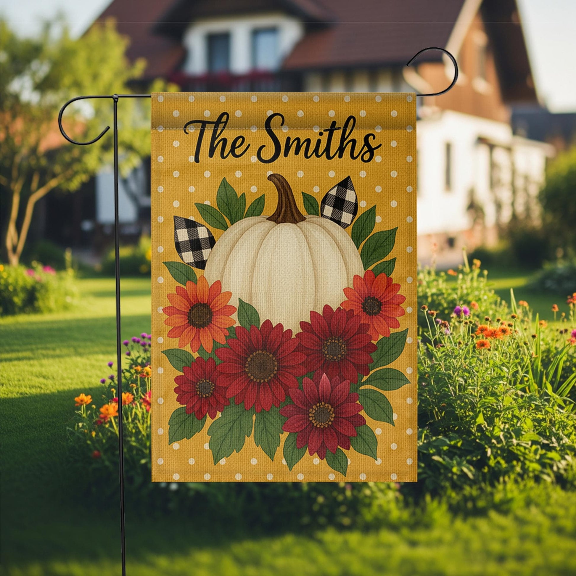 Personalized Fall Garden Flag, Pumpkin Sunflower Yard Decor, Custom Family Name Flag, Autumn Outdoor Porch Banner, Rustic Sign