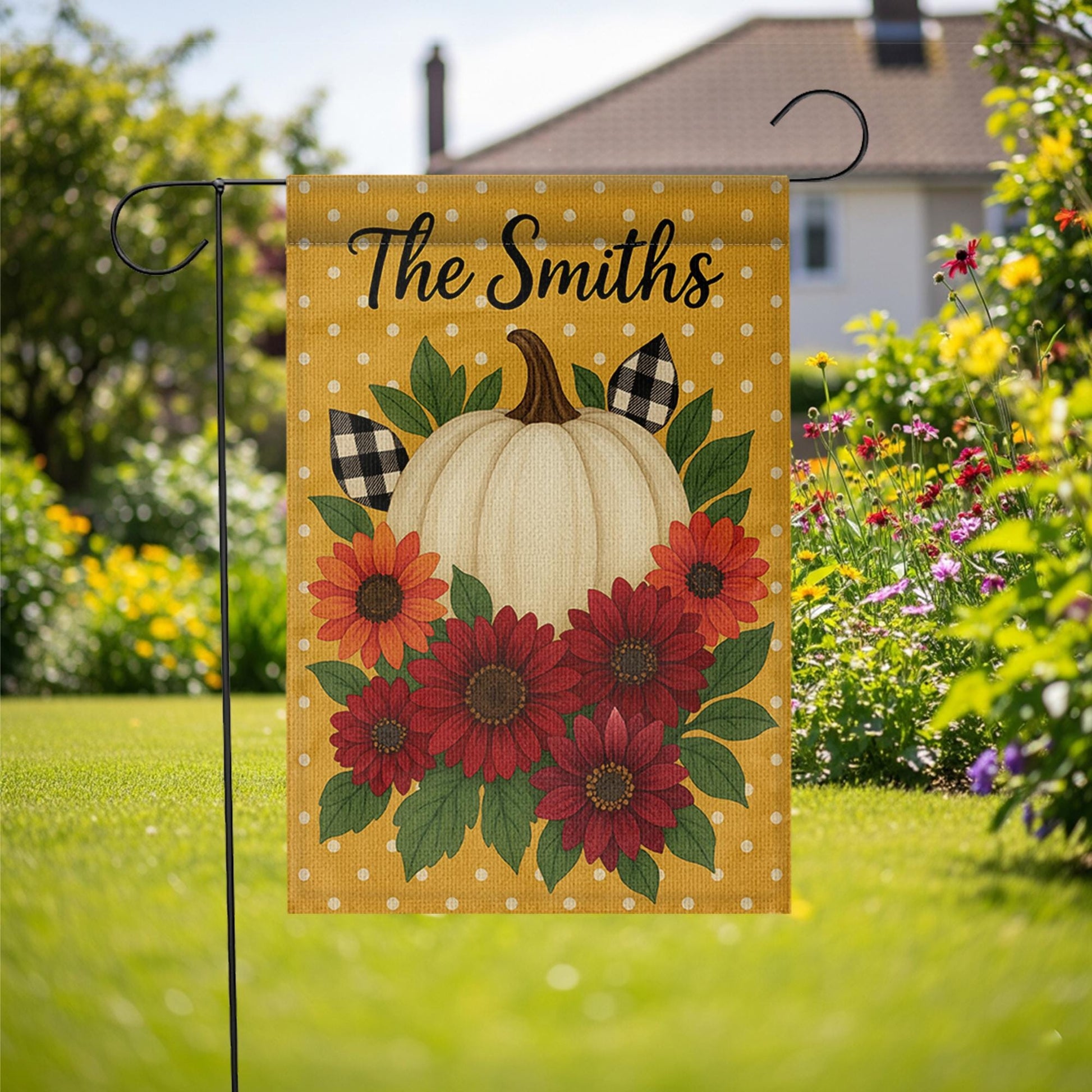 Personalized Fall Garden Flag, Pumpkin Sunflower Yard Decor, Custom Family Name Flag, Autumn Outdoor Porch Banner, Rustic Sign