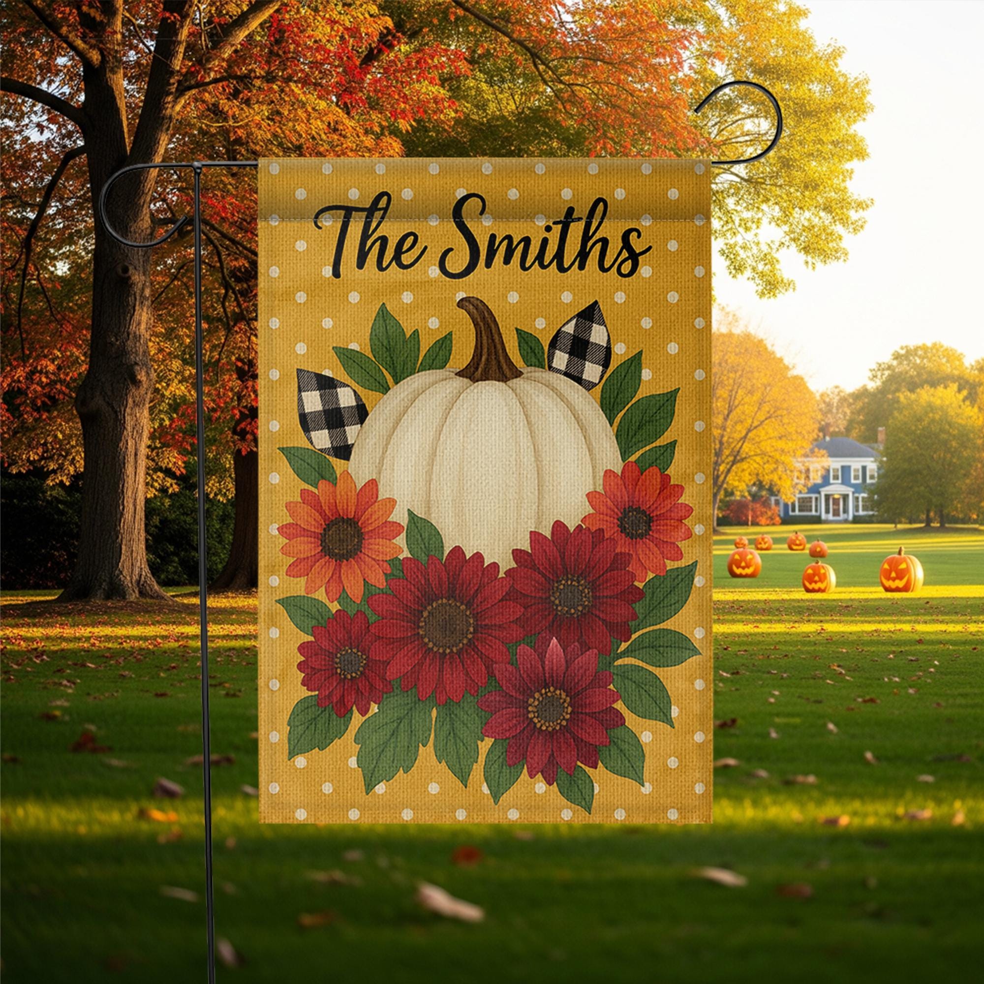 Personalized Fall Garden Flag, Pumpkin Sunflower Yard Decor, Custom Family Name Flag, Autumn Outdoor Porch Banner, Rustic Sign