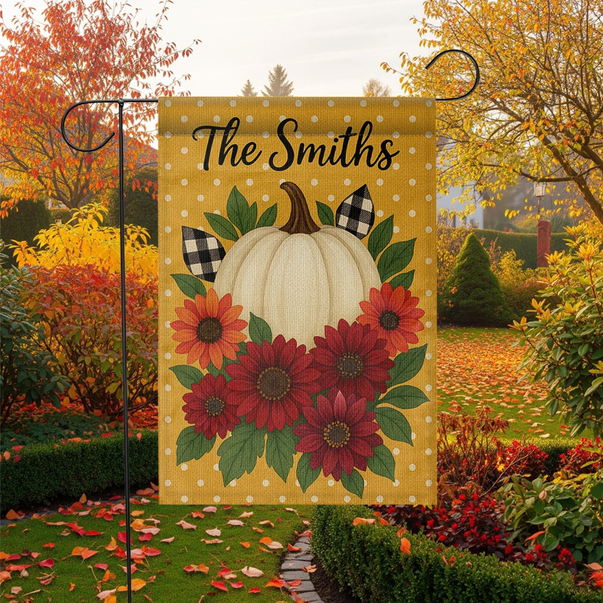 Personalized Fall Garden Flag, Pumpkin Sunflower Yard Decor, Custom Family Name Flag, Autumn Outdoor Porch Banner, Rustic Sign