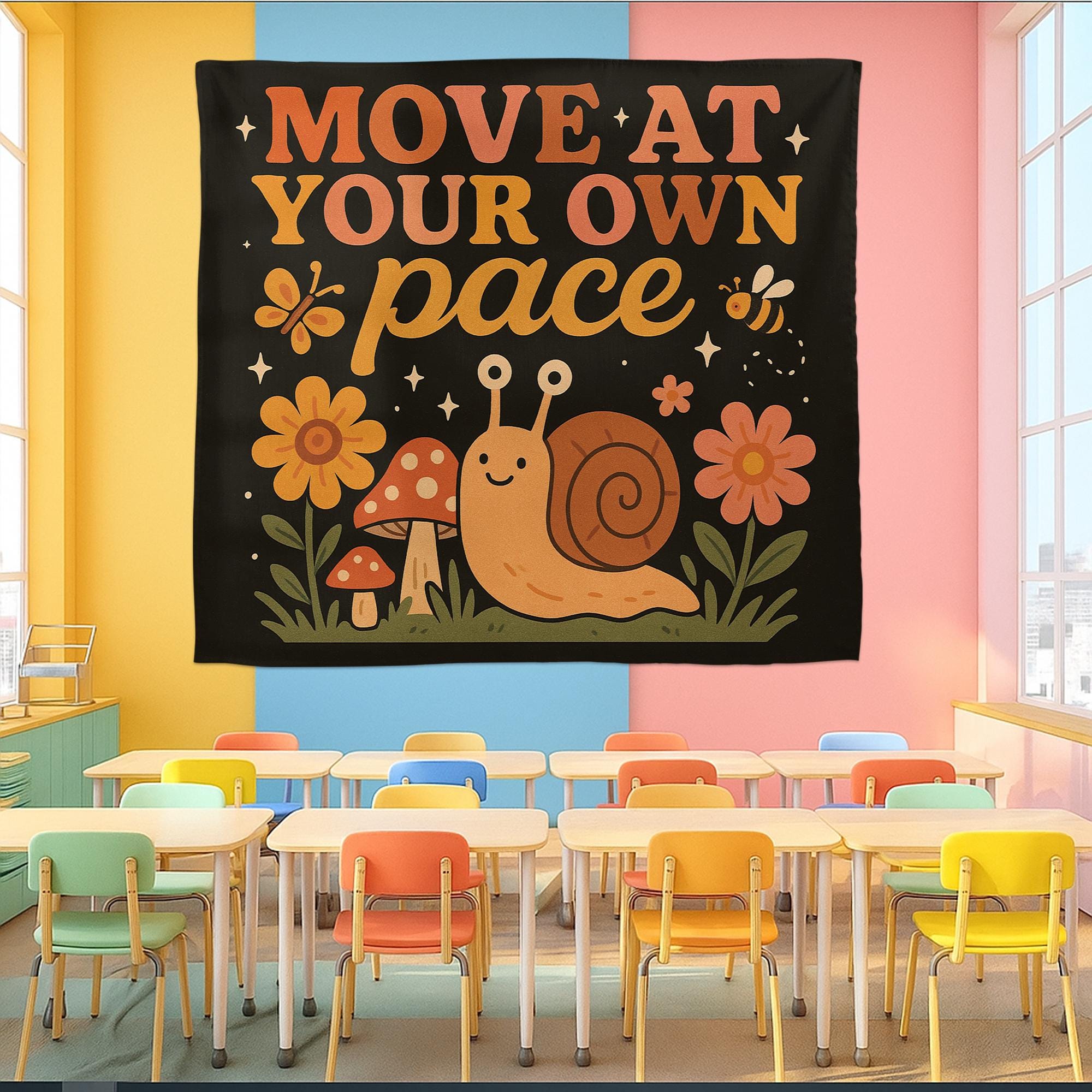 Move at Your Own Pace Tapestry, Motivational Snail Wall Art, Cute Classroom Decor, Therapy Office Banner, Positive Mental Health Sign