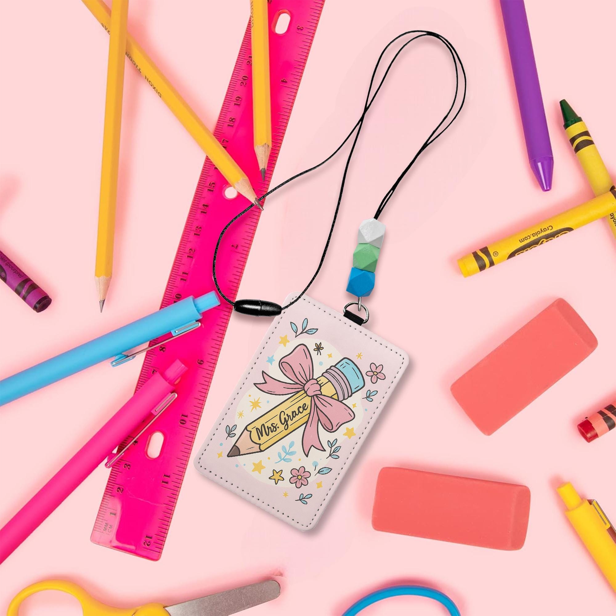 Personalized Leather Badge Holder, Beaded Lanyard ID Card Case, Cute Teacher Name Tag, Floral School Accessory, Custom Work Lanyard