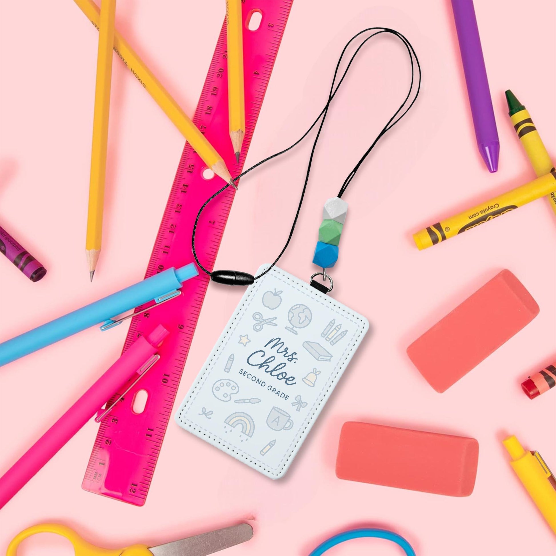 Personalized Teacher Badge Holder, Leather ID Tag with Beaded Lanyard, Custom School Name Tag, Cute Classroom Accessory