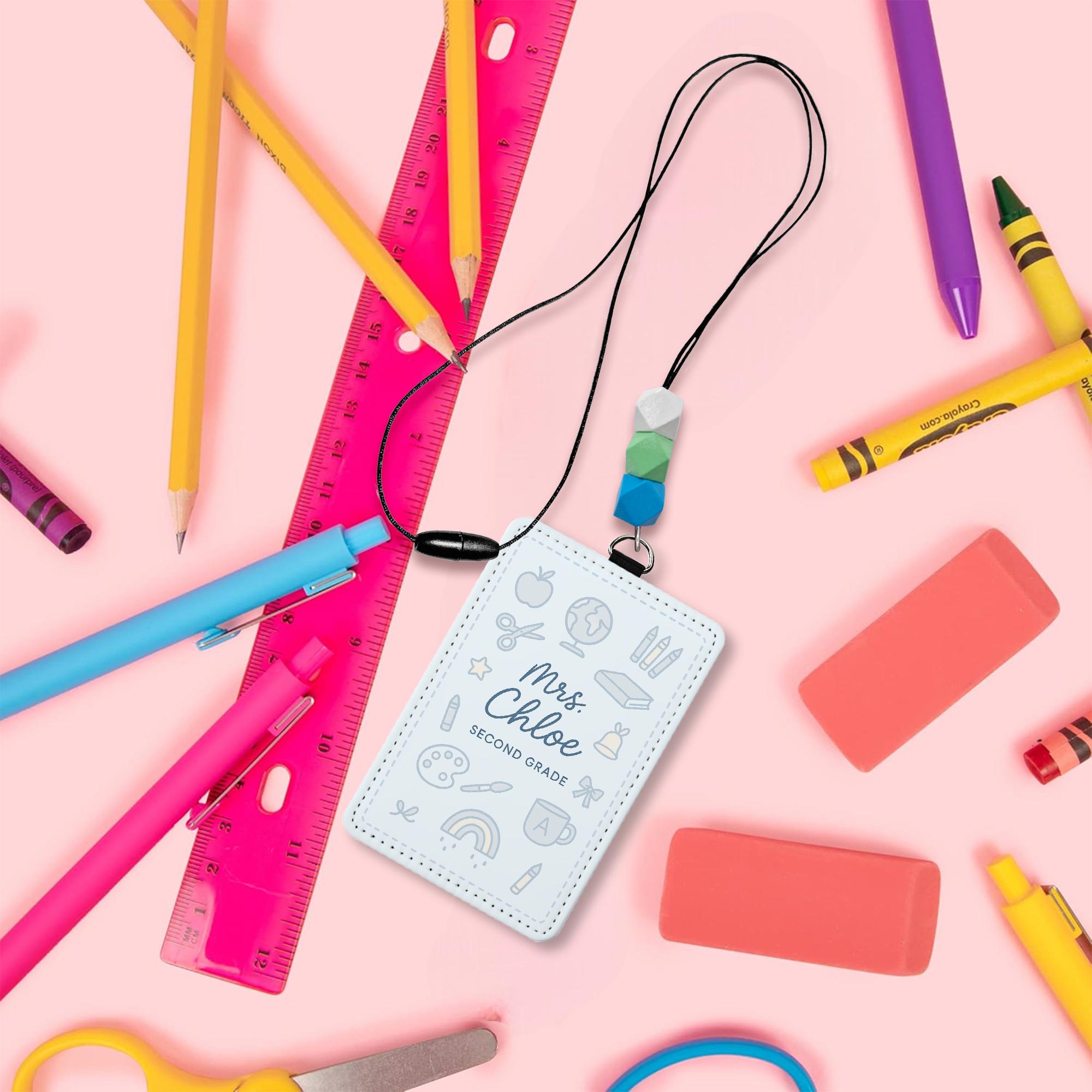 Personalized Teacher Badge Holder, Leather ID Tag with Beaded Lanyard, Custom School Name Tag, Cute Classroom Accessory