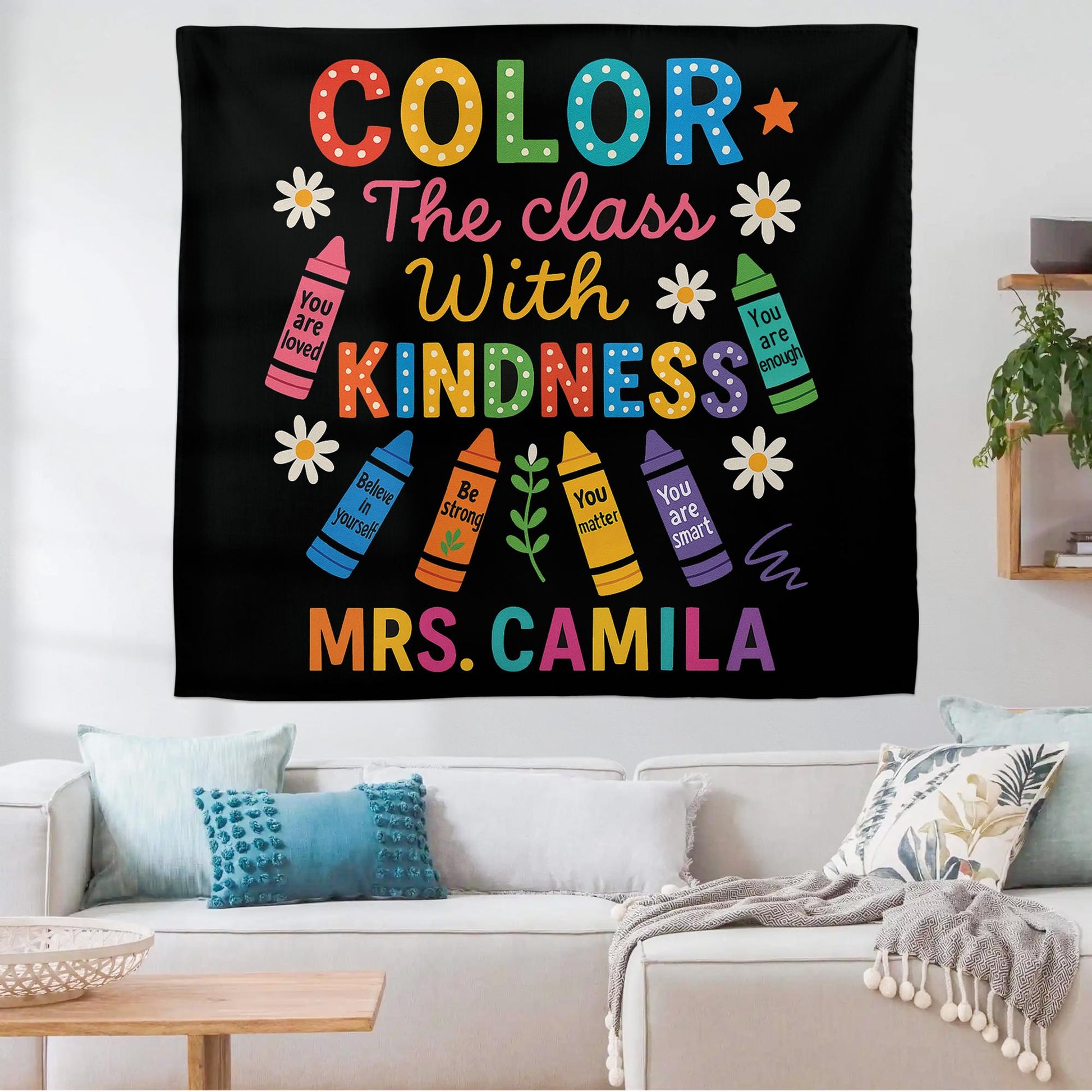 Color the Class with Kindness Tapestry, Personalized Teacher Wall Decor, Classroom Crayon Banner, Custom Teacher Backdrop, Cute Tapestry