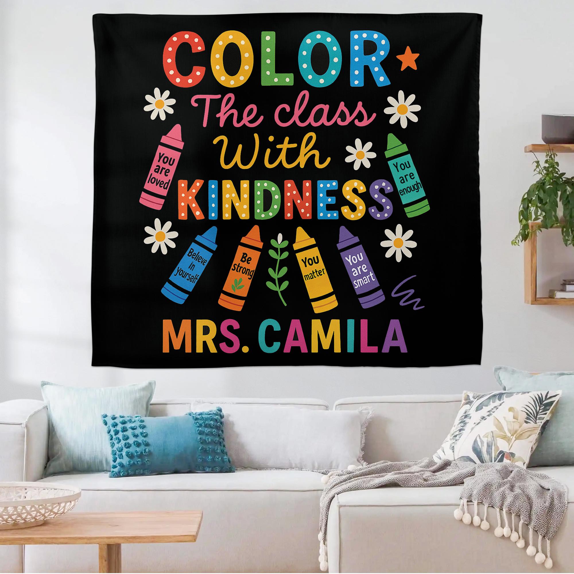 Color the Class with Kindness Tapestry, Personalized Teacher Wall Decor, Classroom Crayon Banner, Custom Teacher Backdrop, Cute Tapestry