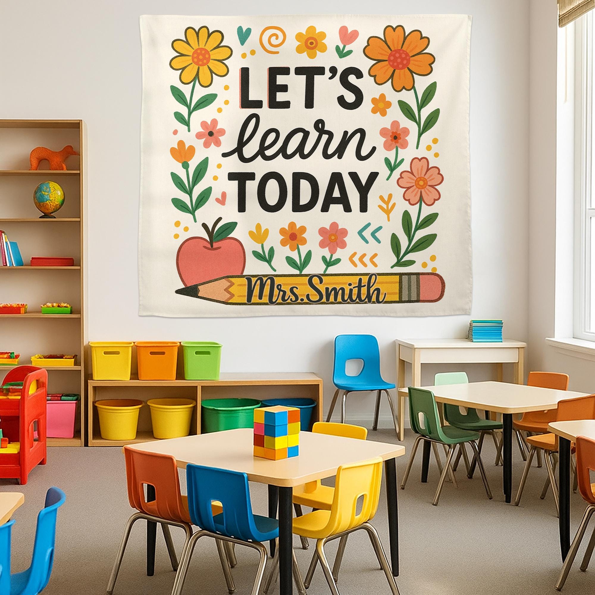 Let's Learn Today Teacher Tapestry, Personalized Classroom Wall Decor, Floral Pencil Banner, Custom Mrs Smith Back to School Sign