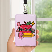 Personalized Teacher Badge Holder, Custom Pink ID Tag, Teacher Apple Design, Cute Classroom Lanyard, Back to School Gift