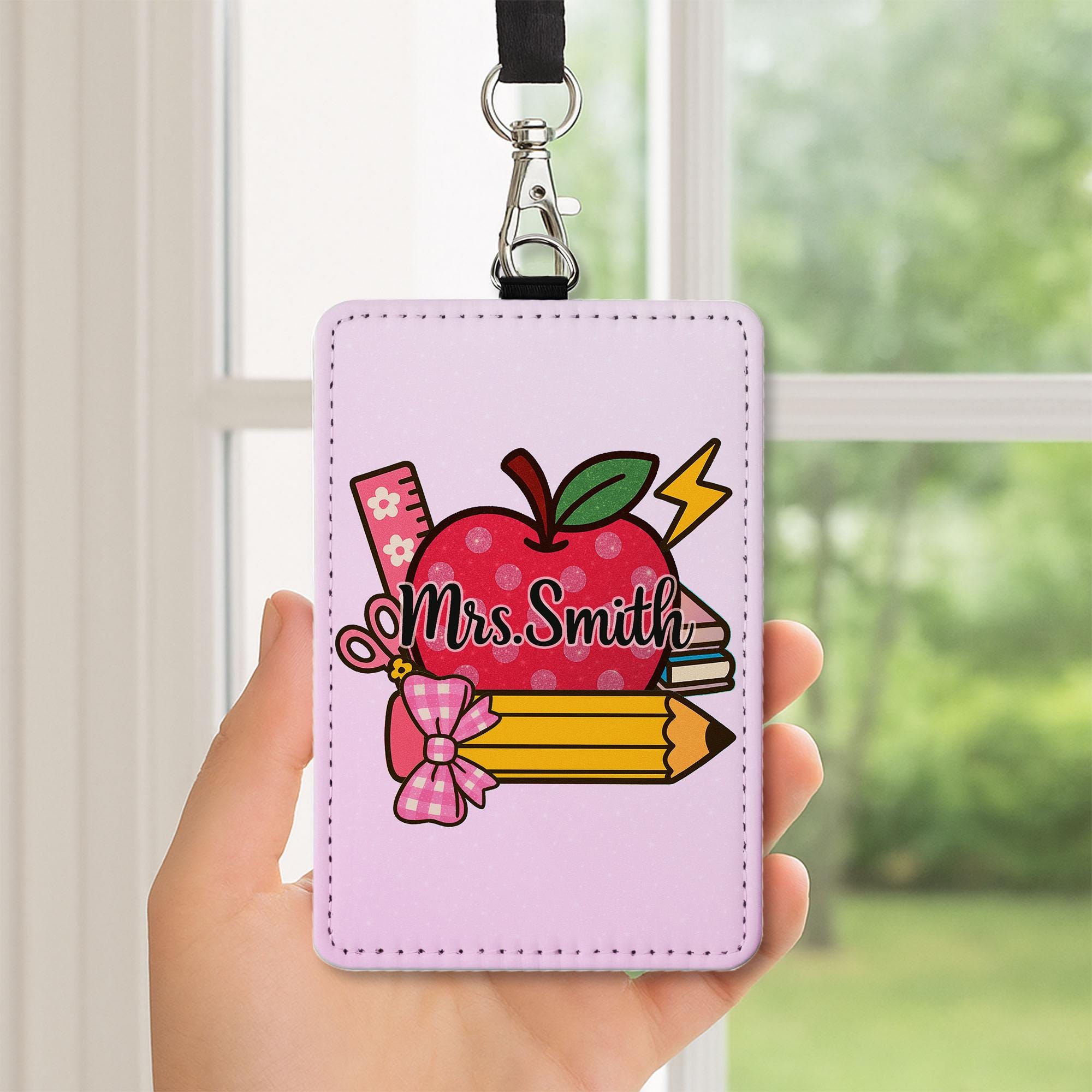 Personalized Teacher Badge Holder, Custom Pink ID Tag, Teacher Apple Design, Cute Classroom Lanyard, Back to School Gift