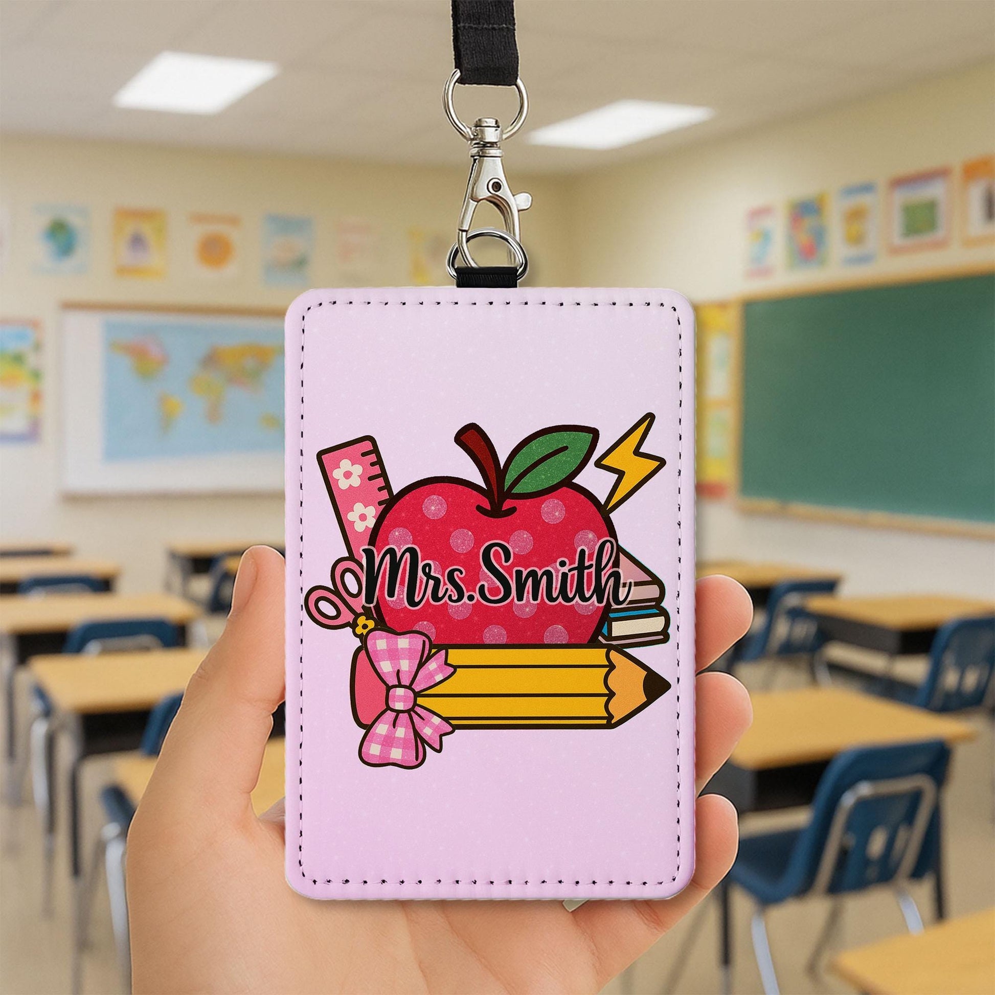 Personalized Teacher Badge Holder, Custom Pink ID Tag, Teacher Apple Design, Cute Classroom Lanyard, Back to School Gift