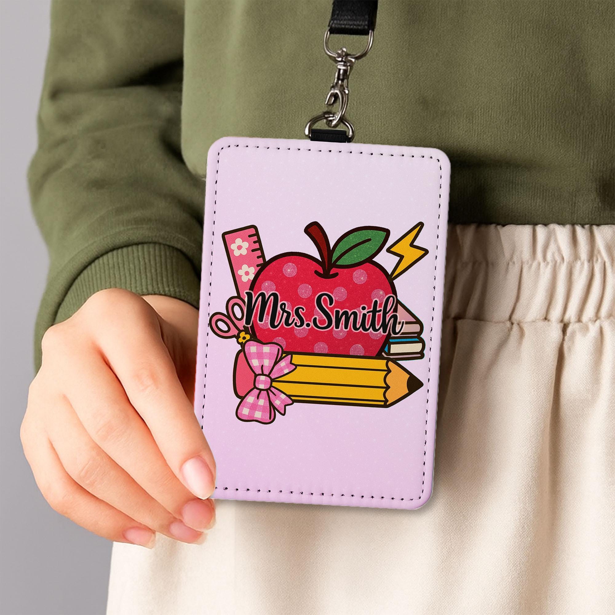 Personalized Teacher Badge Holder, Custom Pink ID Tag, Teacher Apple Design, Cute Classroom Lanyard, Back to School Gift