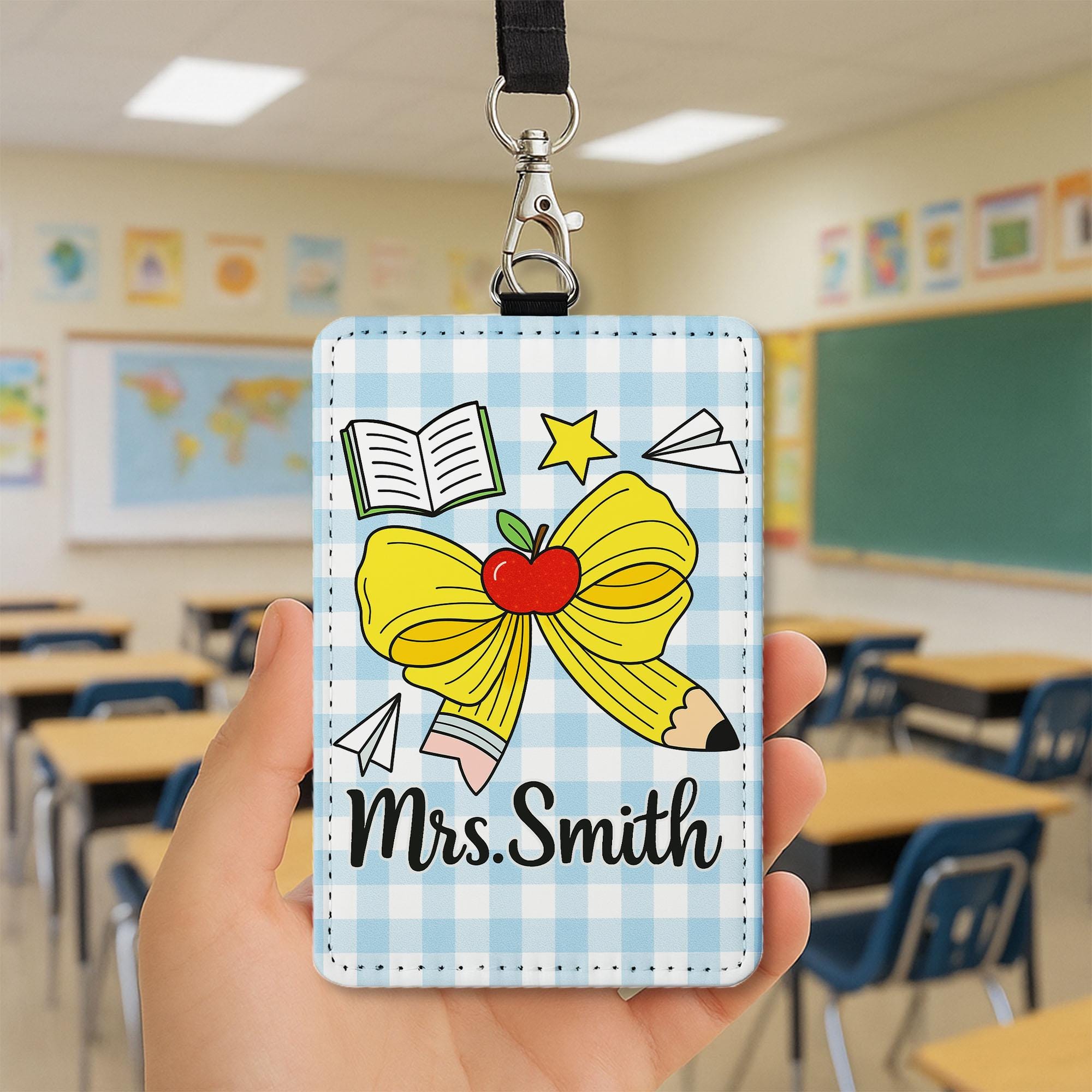 Custom Teacher Badge Holder Set, Gingham ID Tag with Name, Cute Back to School Lanyard, Classroom Accessory, Teacher Gift, Back to School