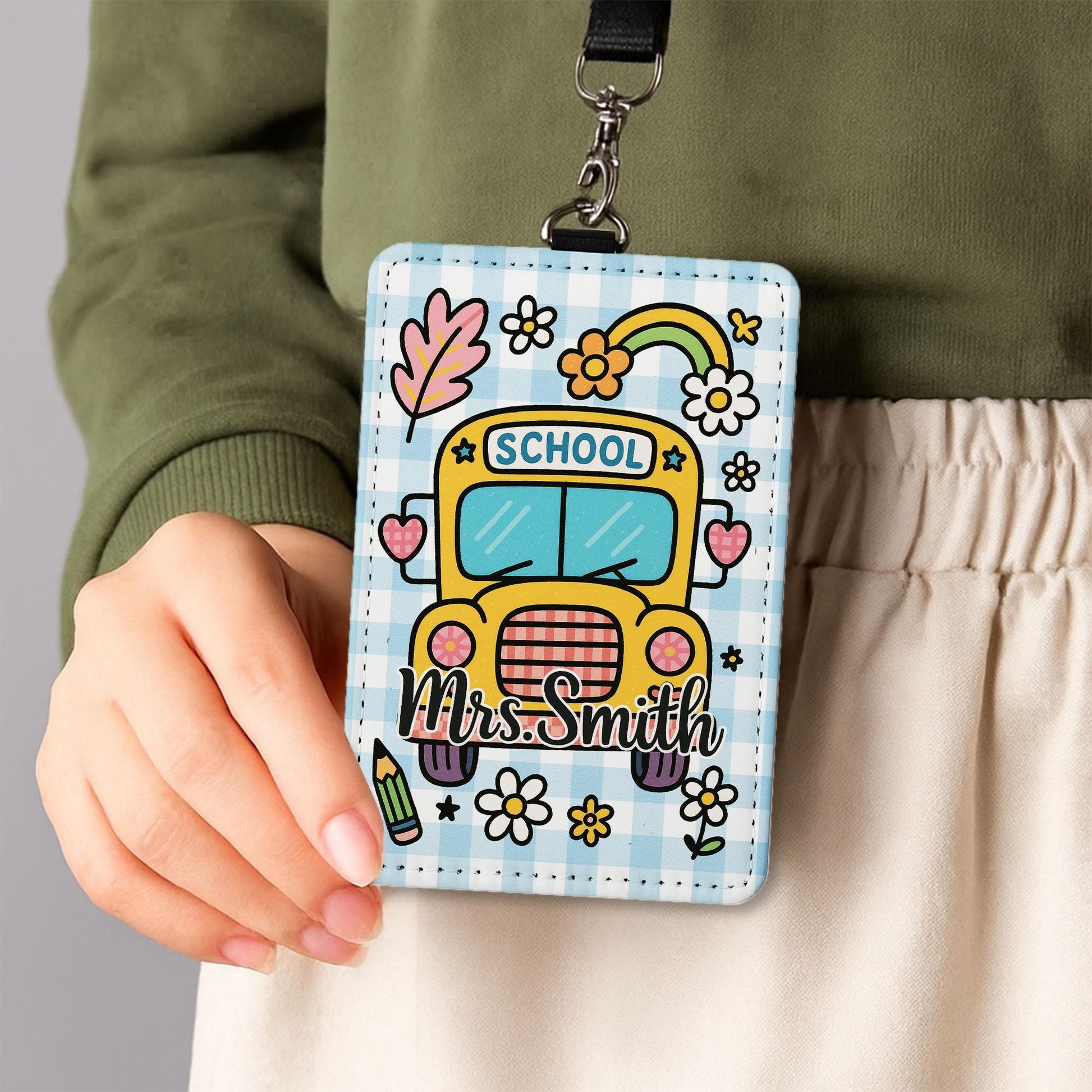Custom Teacher Badge Holder Set, Gingham ID Tag with Name, Cute Back to School Lanyard, Classroom Accessory, Teacher Gift, Back to School