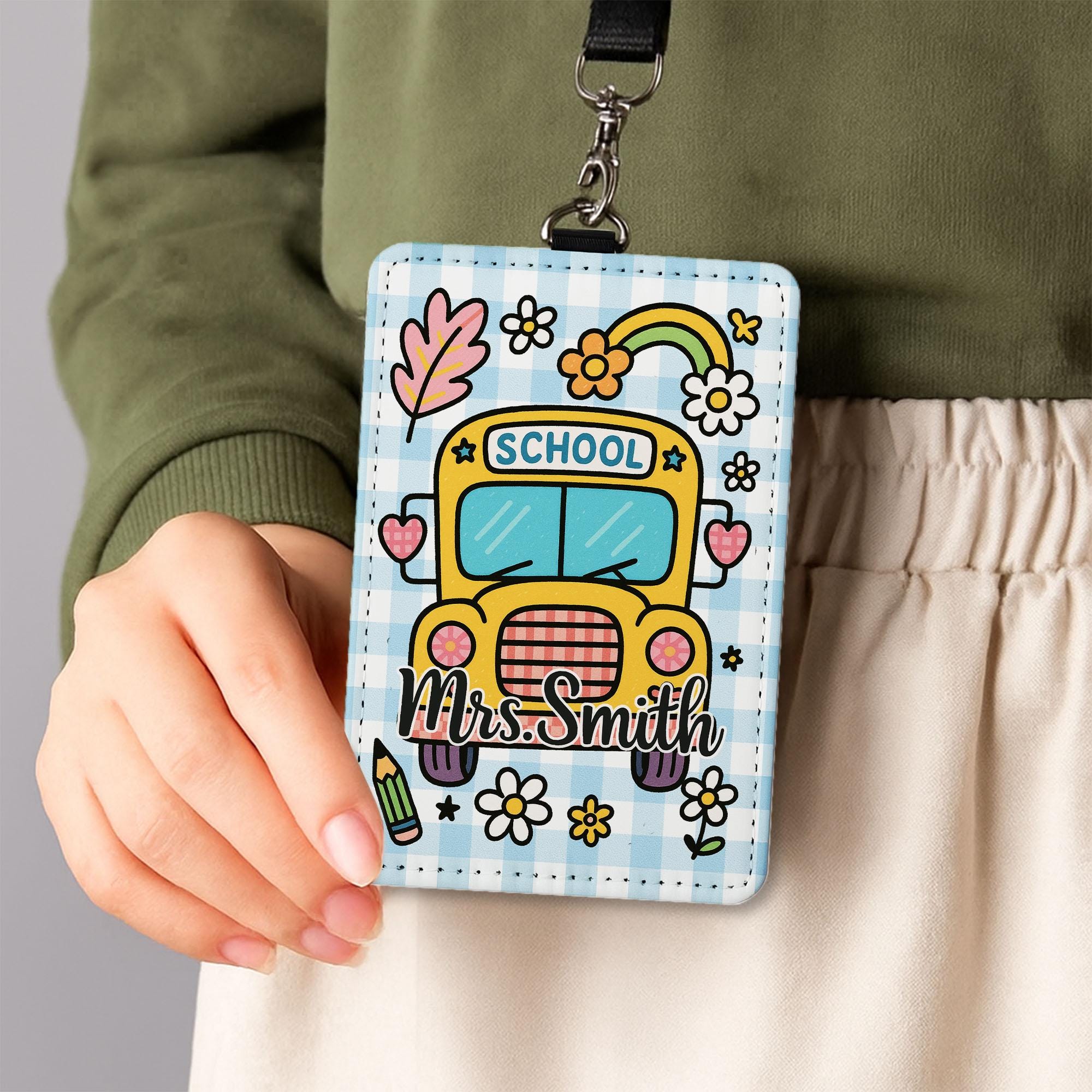Custom Teacher Badge Holder Set, Gingham ID Tag with Name, Cute Back to School Lanyard, Classroom Accessory, Teacher Gift, Back to School