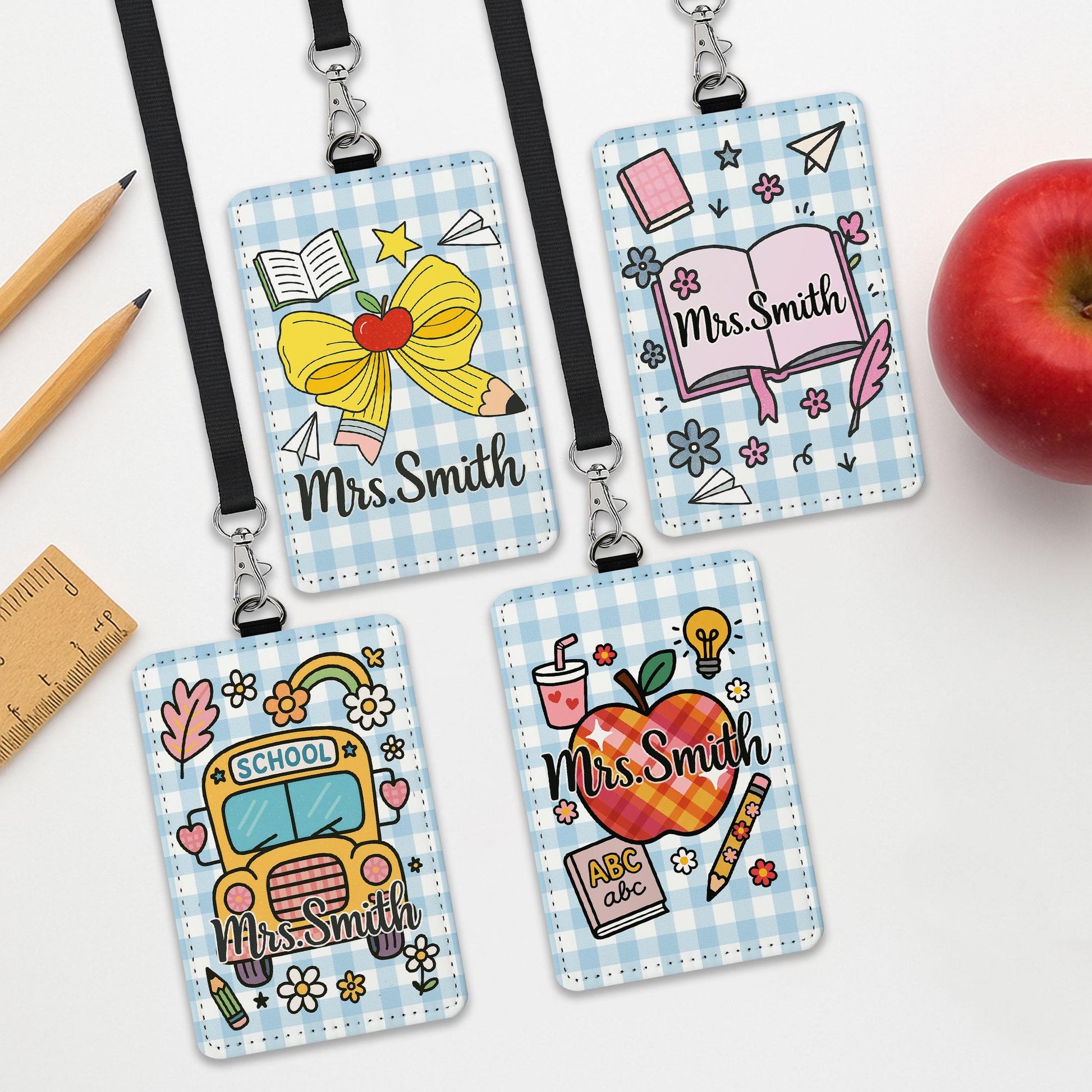 Custom Teacher Badge Holder Set, Gingham ID Tag with Name, Cute Back to School Lanyard, Classroom Accessory, Teacher Gift, Back to School