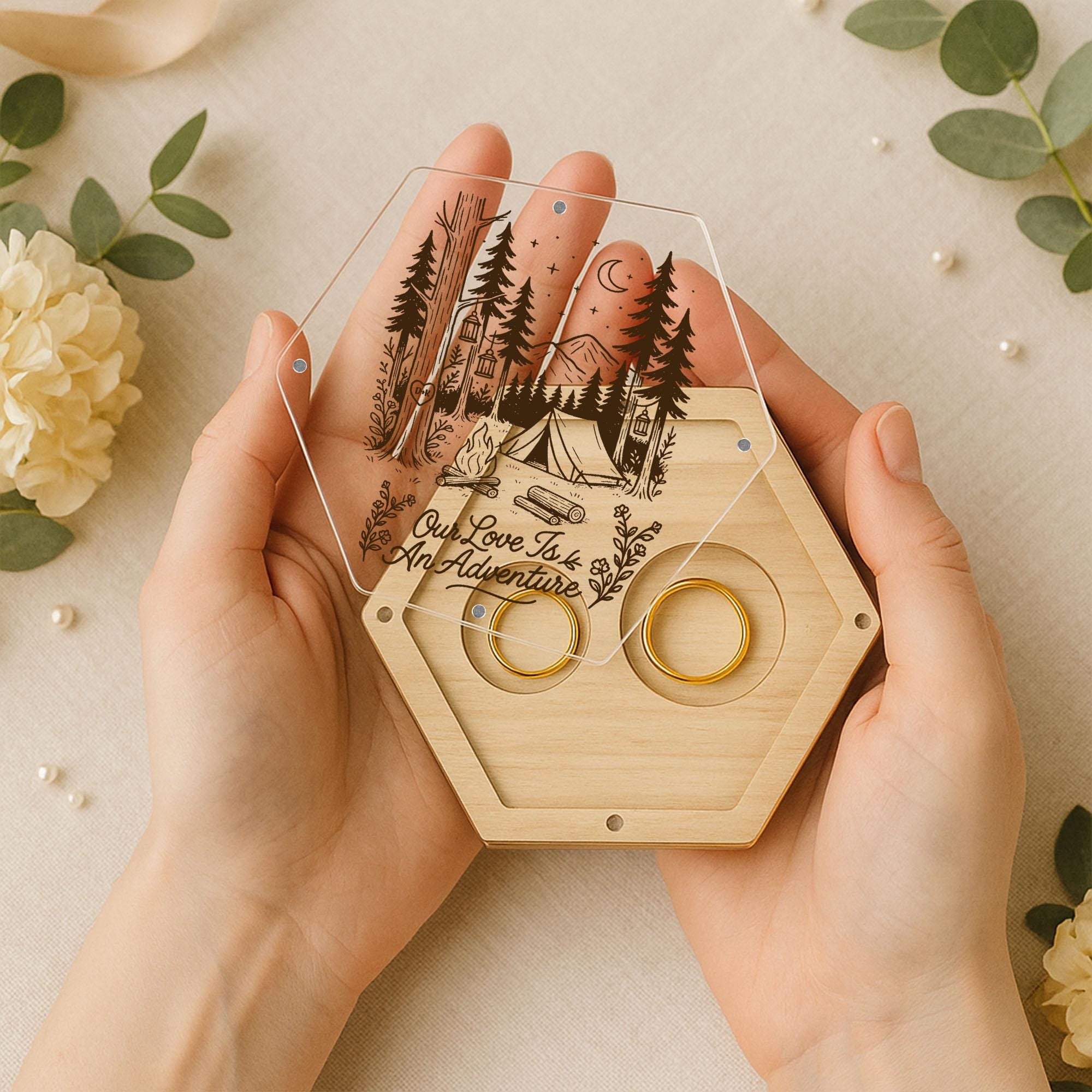 Camping Wedding Ring Box Magnetic | Custom Engraved Ring Holder | Adventure Wedding Keepsake | Boho Forest Ring Bearer Box | Rustic Displays