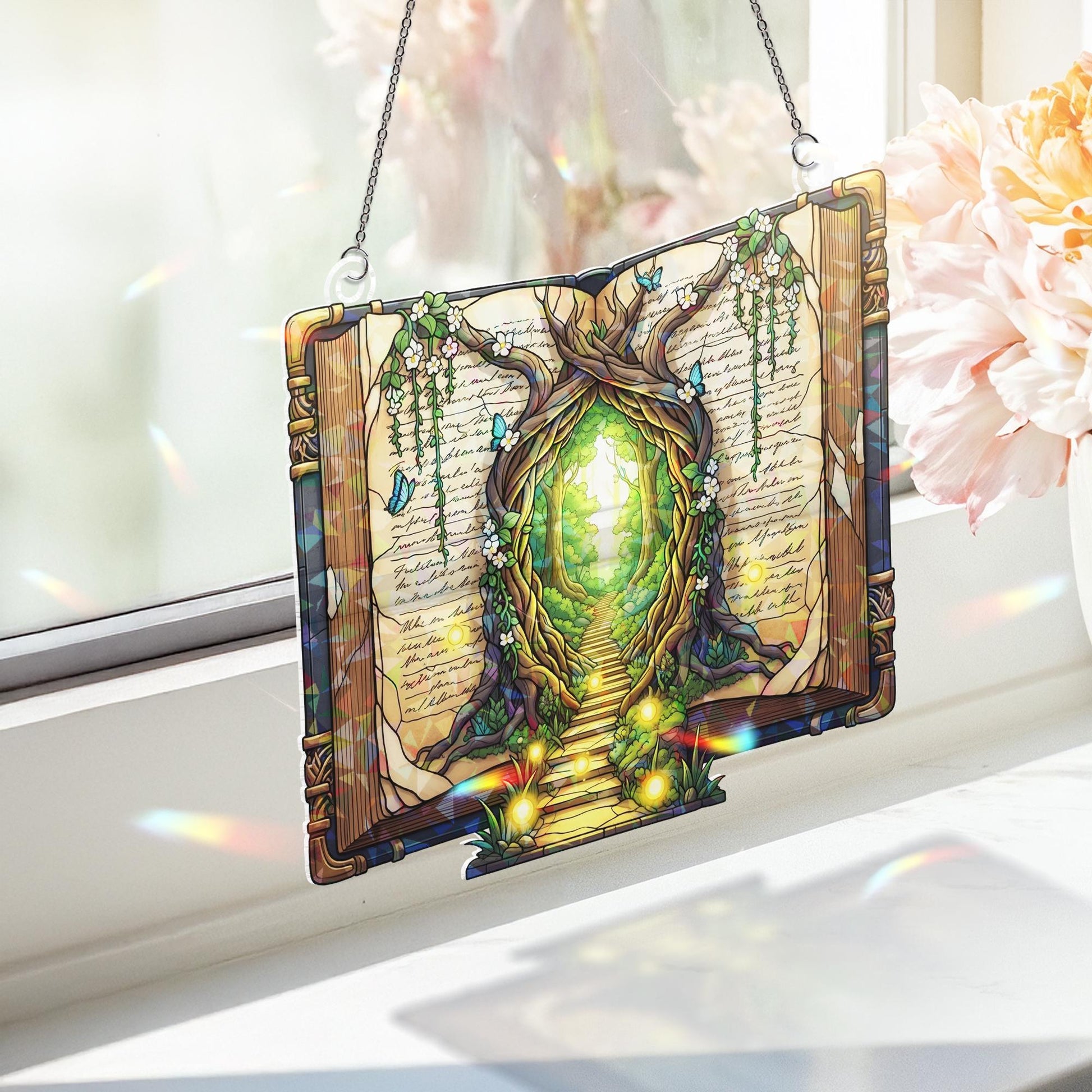 Enchanted Book Holographic Window Hanging | Faux Stained Glass Portal Art | Fantasy Reader Gift | Fairy Tale Decor for Book Lovers