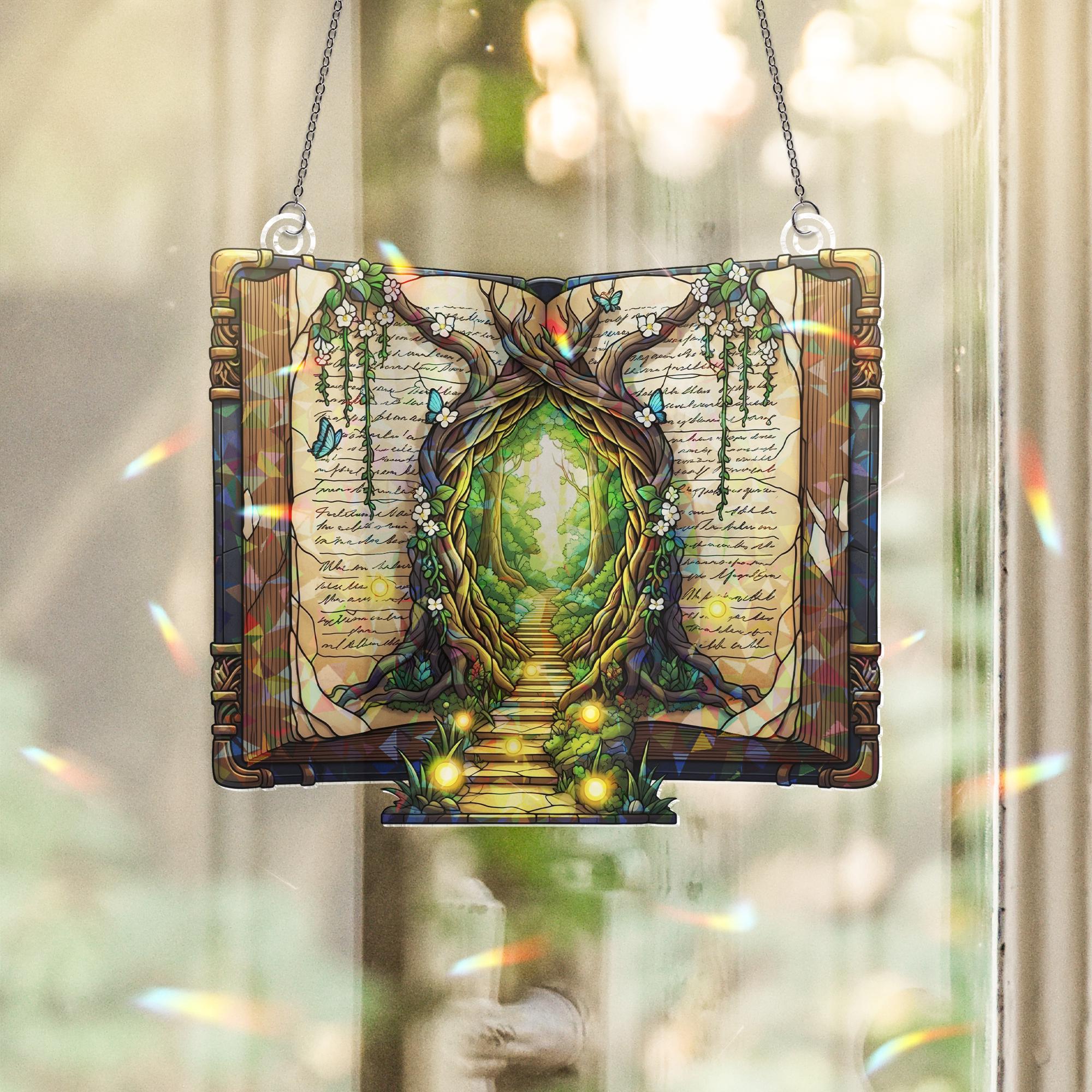 Enchanted Book Holographic Window Hanging | Faux Stained Glass Portal Art | Fantasy Reader Gift | Fairy Tale Decor for Book Lovers
