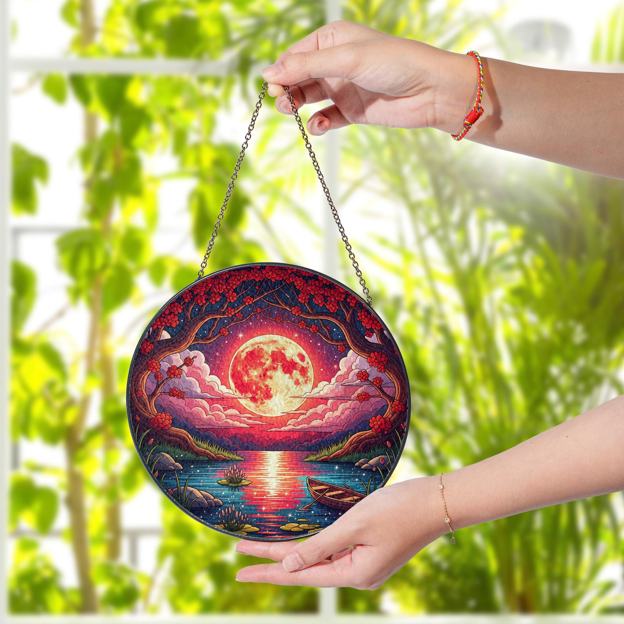 Moonlit Lake Faux Stained Glass Suncatcher | Round Holographic Window Hanging | Celestial Moon Decor | Mystical Nature Gift