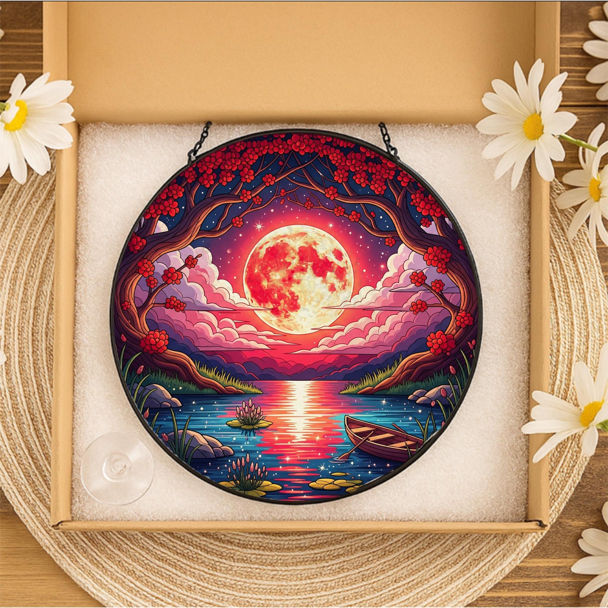 Moonlit Lake Faux Stained Glass Suncatcher | Round Holographic Window Hanging | Celestial Moon Decor | Mystical Nature Gift