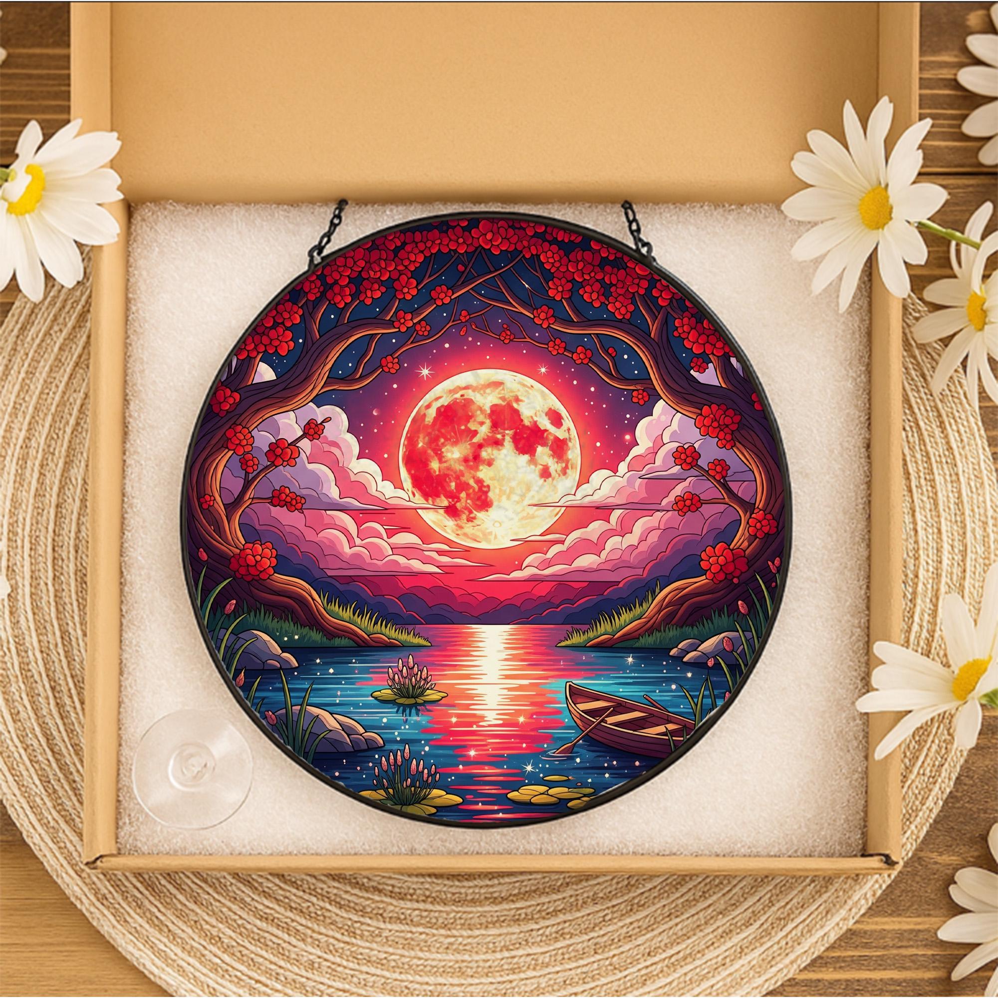 Moonlit Lake Faux Stained Glass Suncatcher | Round Holographic Window Hanging | Celestial Moon Decor | Mystical Nature Gift