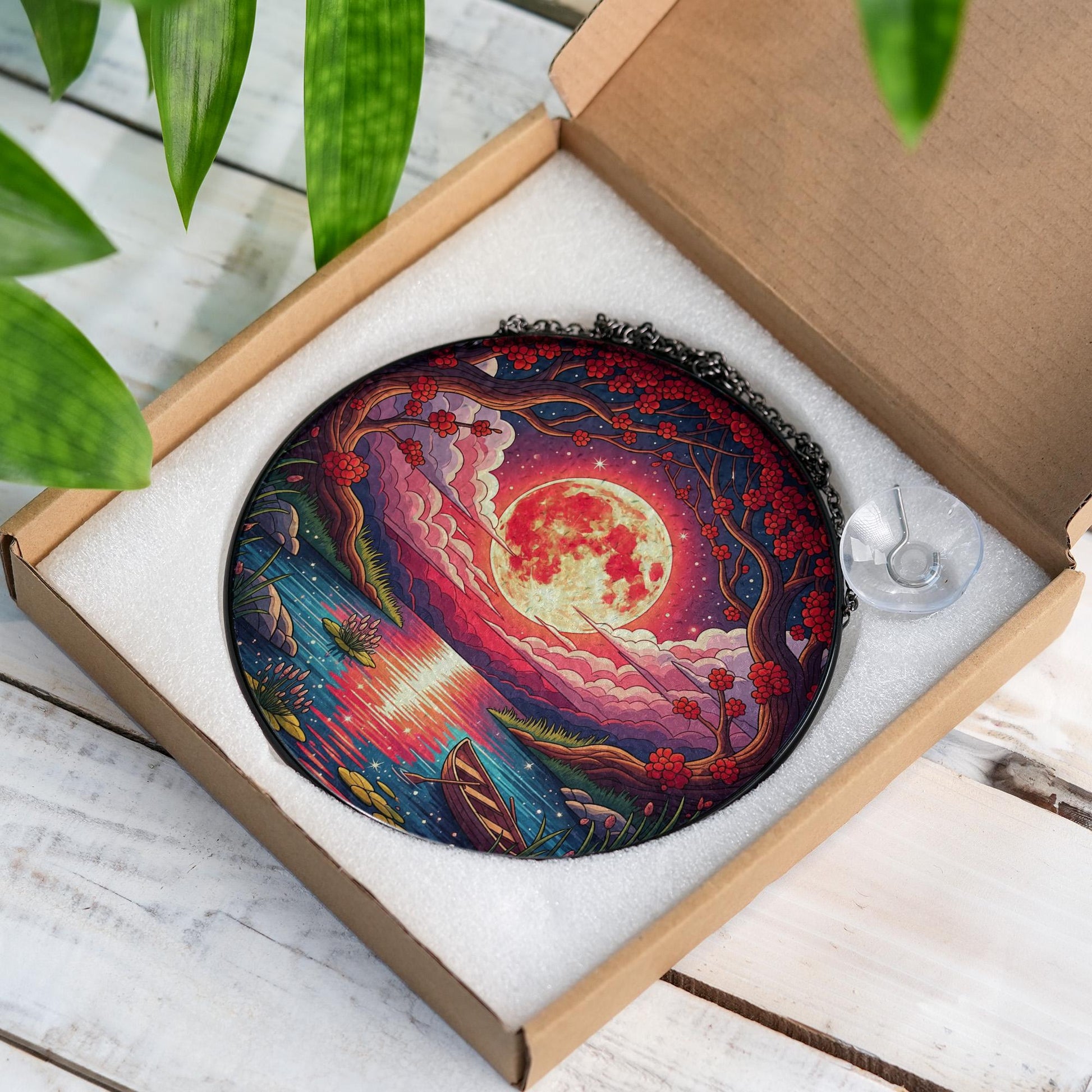 Moonlit Lake Faux Stained Glass Suncatcher | Round Holographic Window Hanging | Celestial Moon Decor | Mystical Nature Gift
