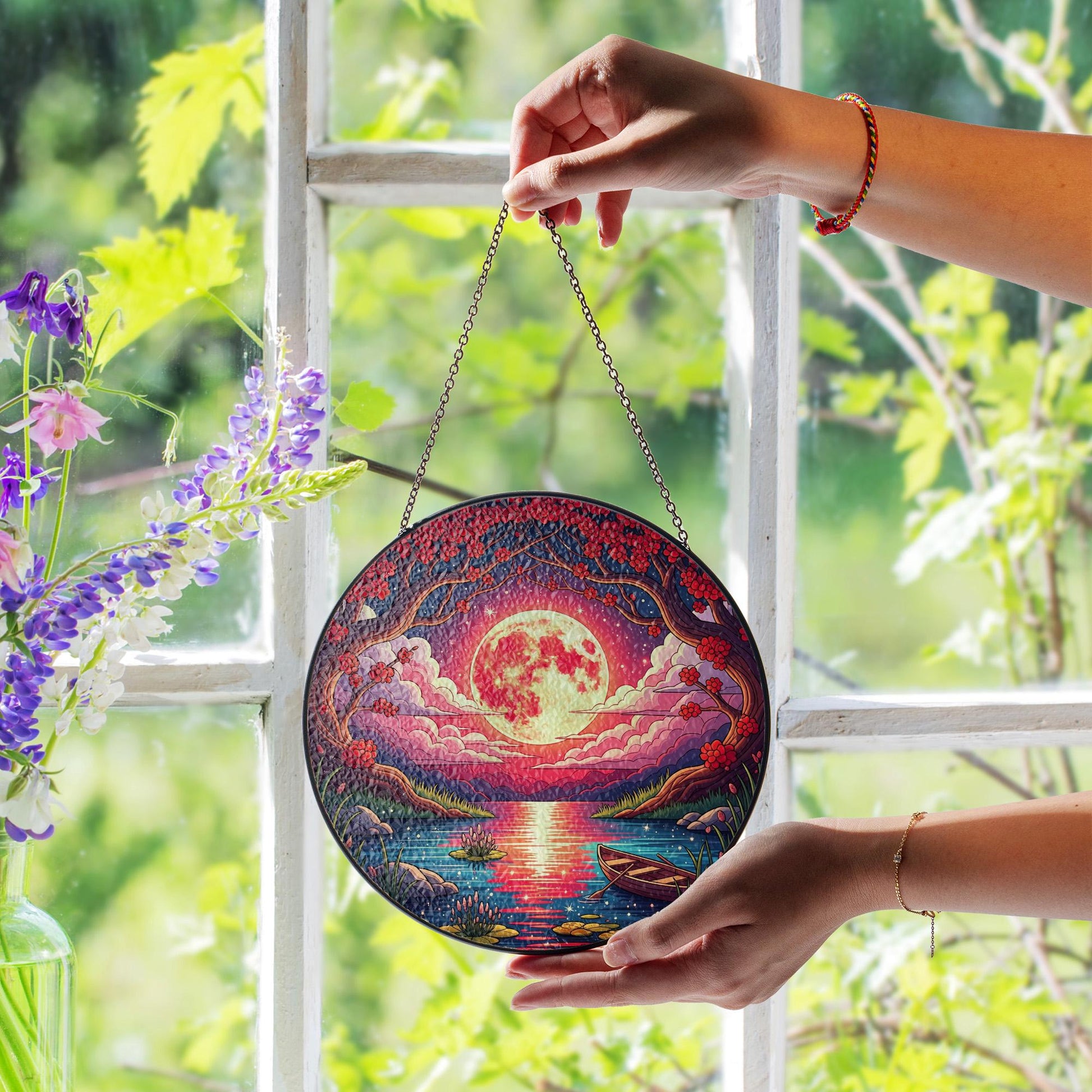 Moonlit Lake Faux Stained Glass Suncatcher | Round Holographic Window Hanging | Celestial Moon Decor | Mystical Nature Gift