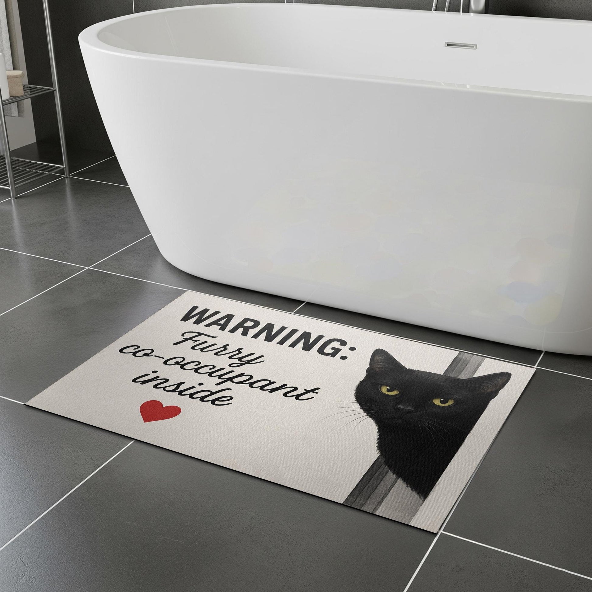 Funny Black Cat Bath Mat, Furry Co-Occupant Bathroom Rug, Cat Lover Floor Mat, Cute Kitten Decor, Pet Humor Gift for Cat Owners