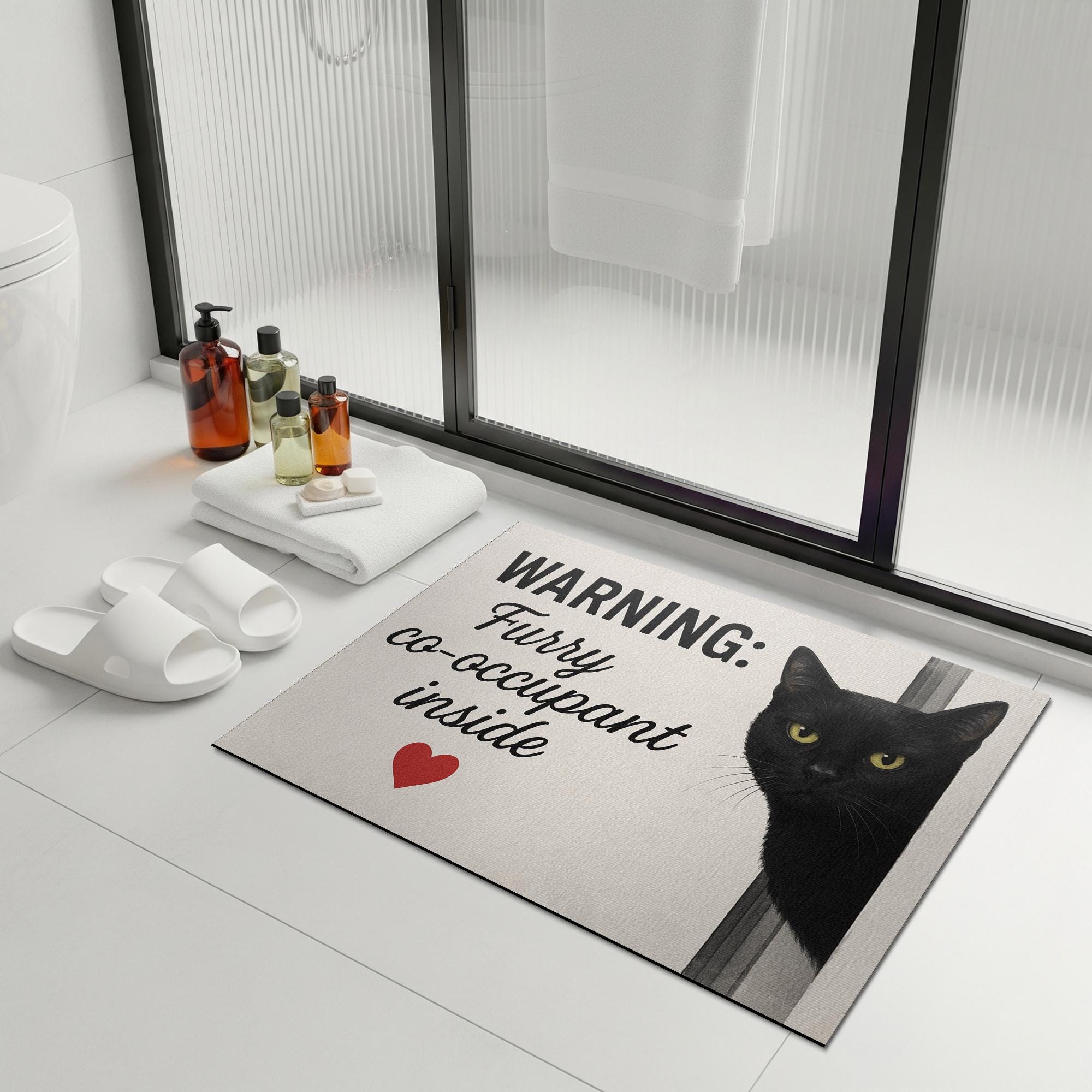 Funny Black Cat Bath Mat, Furry Co-Occupant Bathroom Rug, Cat Lover Floor Mat, Cute Kitten Decor, Pet Humor Gift for Cat Owners