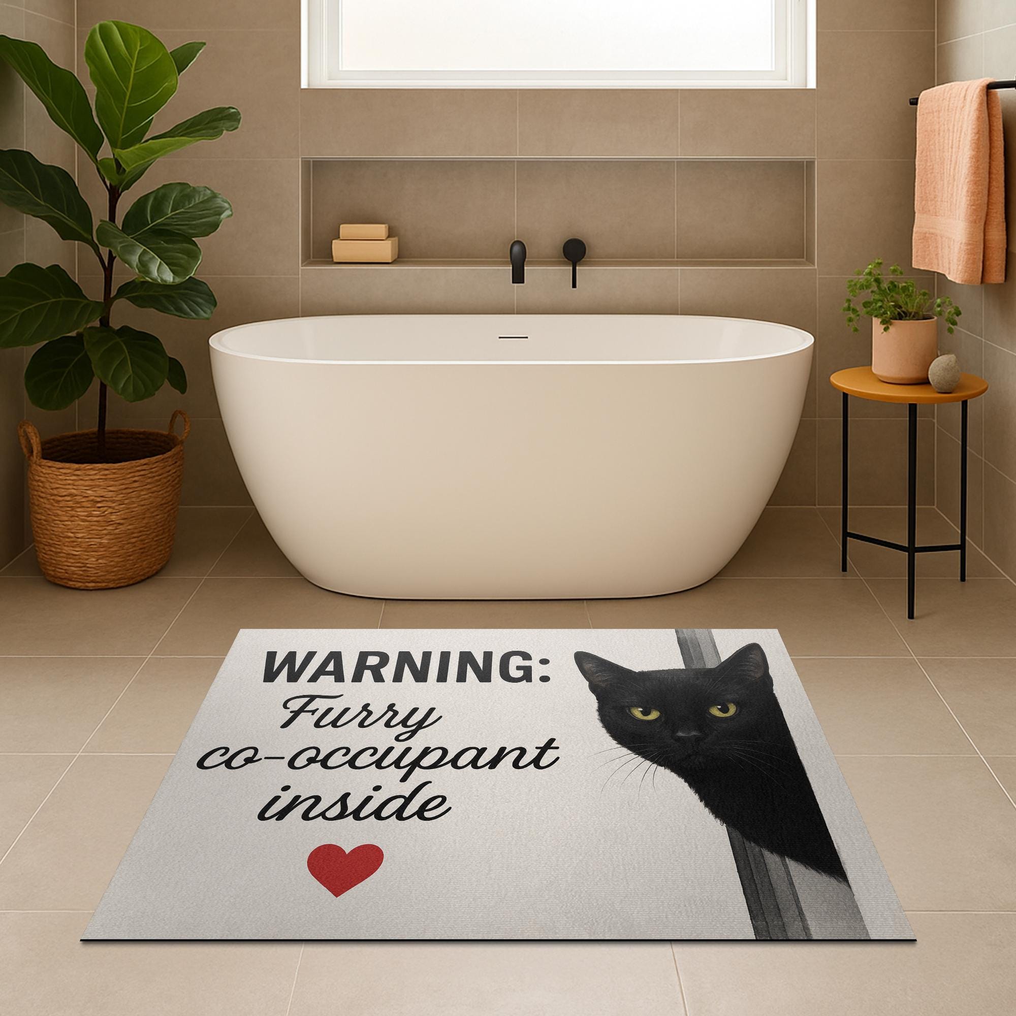 Funny Black Cat Bath Mat, Furry Co-Occupant Bathroom Rug, Cat Lover Floor Mat, Cute Kitten Decor, Pet Humor Gift for Cat Owners