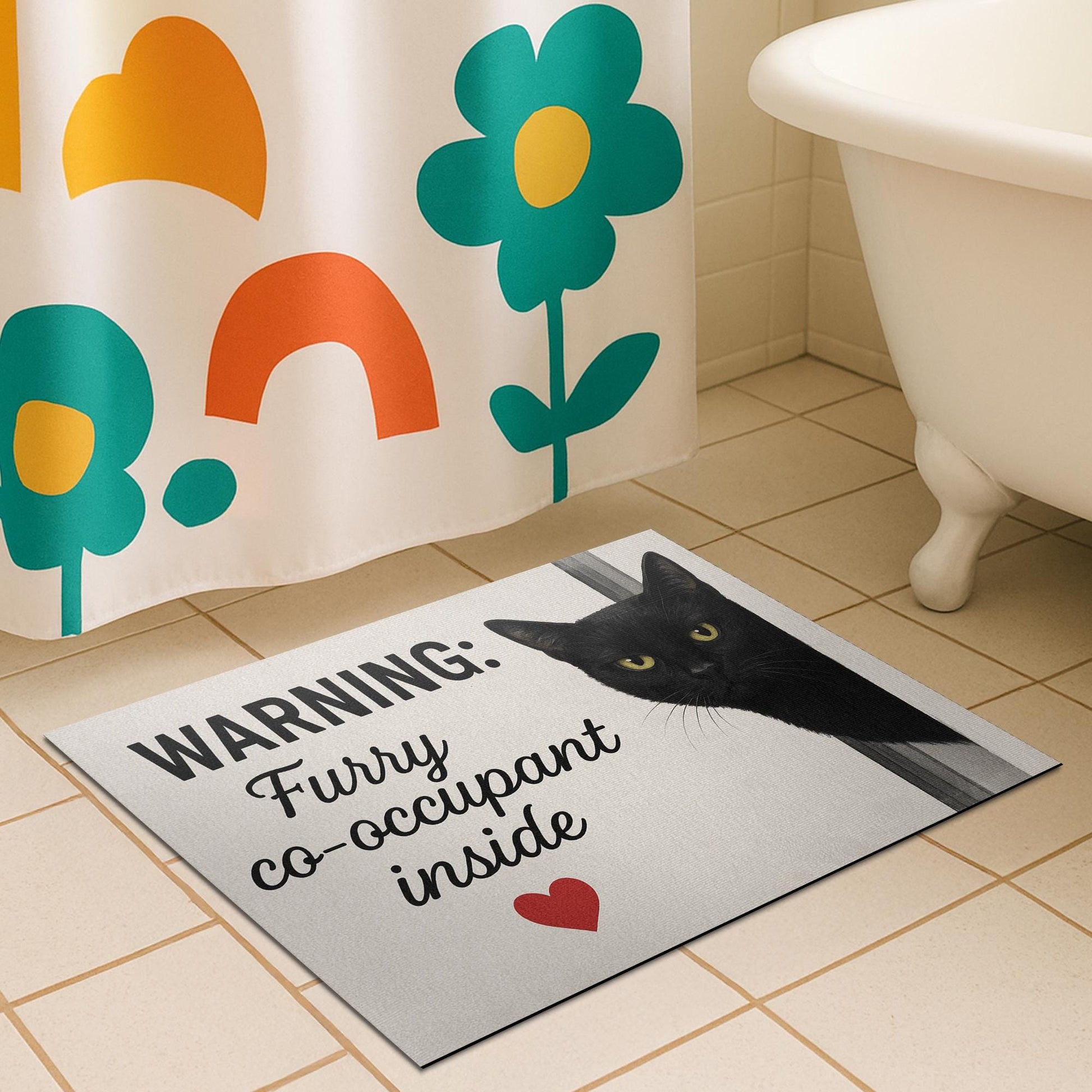 Funny Black Cat Bath Mat, Furry Co-Occupant Bathroom Rug, Cat Lover Floor Mat, Cute Kitten Decor, Pet Humor Gift for Cat Owners
