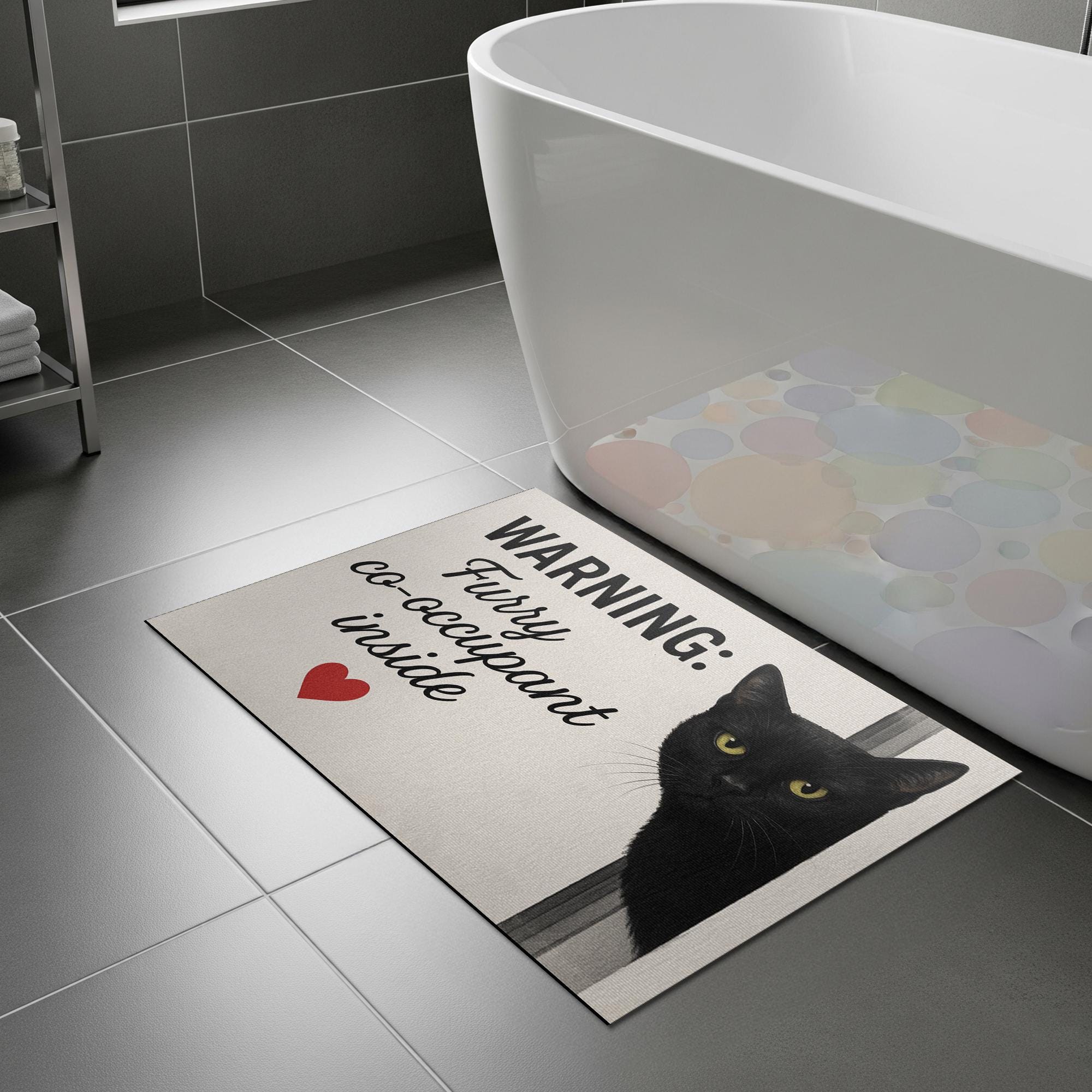 Funny Black Cat Bath Mat, Furry Co-Occupant Bathroom Rug, Cat Lover Floor Mat, Cute Kitten Decor, Pet Humor Gift for Cat Owners