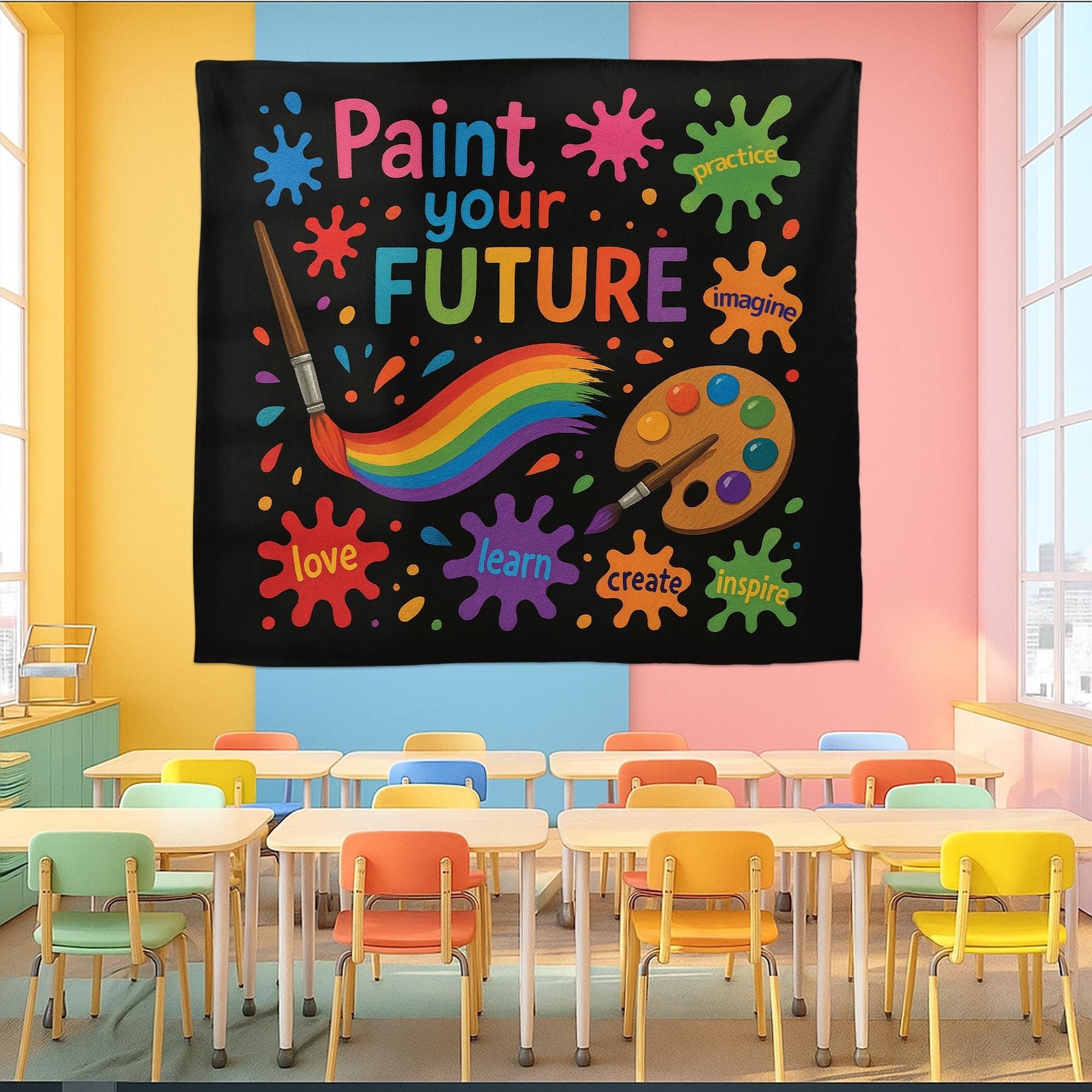 Paint Your Future Tapestry, Art Classroom Wall Decor, Inspirational Teacher Banner, Creative Kids Room Sign, Colorful Learning Poster