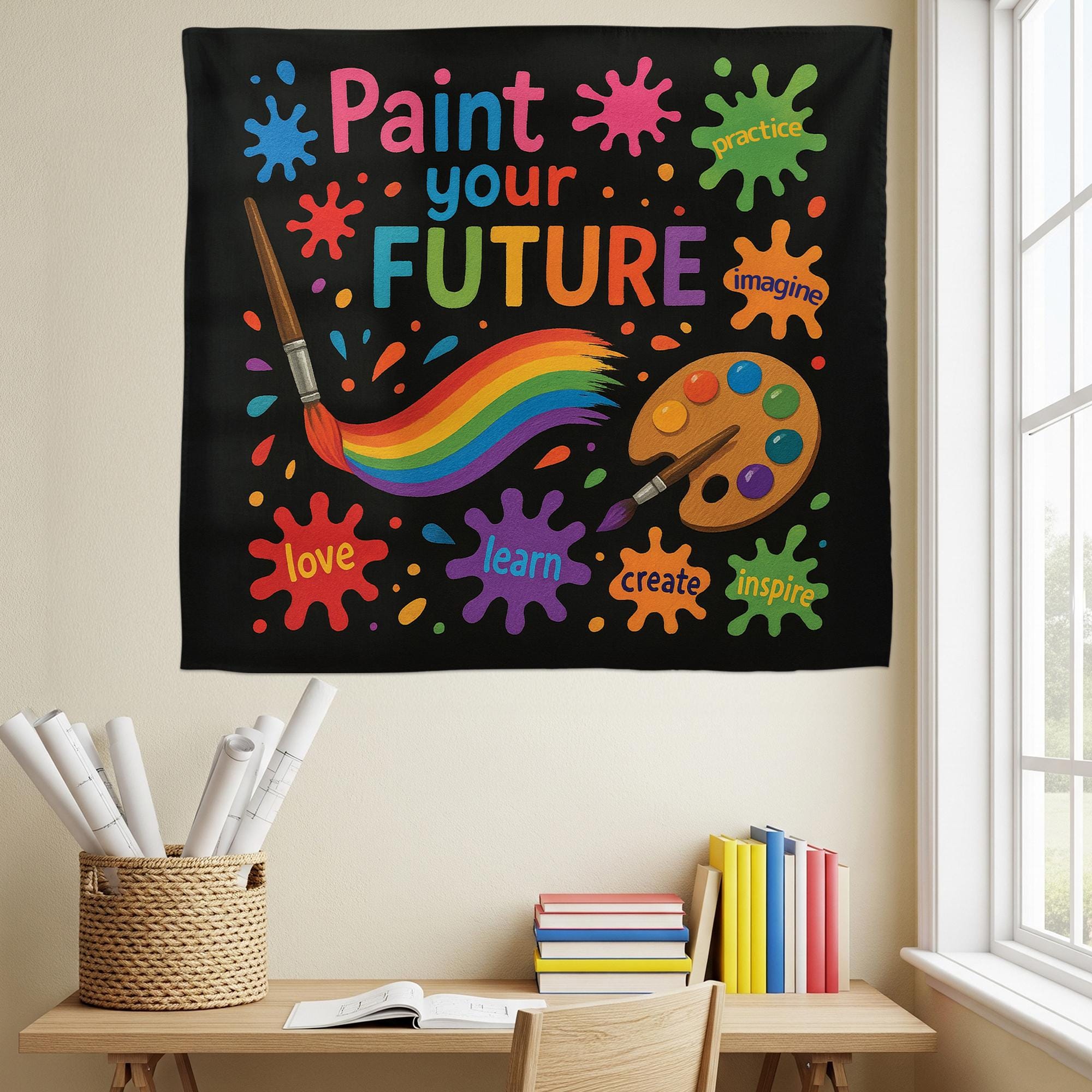 Paint Your Future Tapestry, Art Classroom Wall Decor, Inspirational Teacher Banner, Creative Kids Room Sign, Colorful Learning Poster