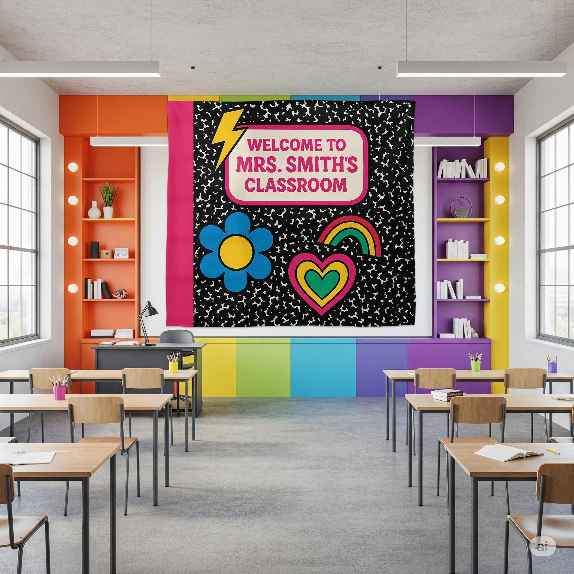 Welcome to Classroom Tapestry, Groovy Teacher Wall Decor, Back to School Banner, Personalized Teacher Sign, Colorful Classroom Art