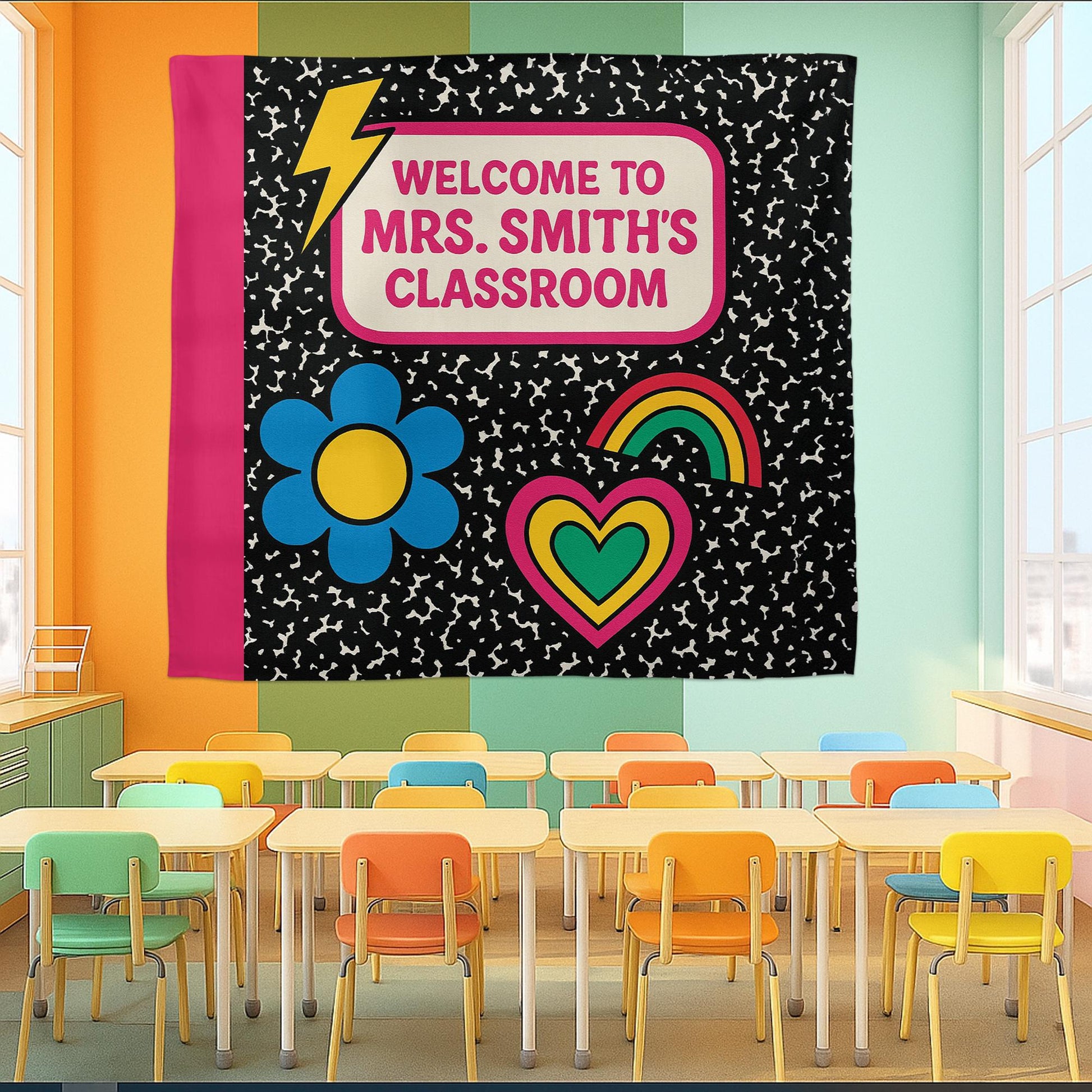 Welcome to Classroom Tapestry, Groovy Teacher Wall Decor, Back to School Banner, Personalized Teacher Sign, Colorful Classroom Art