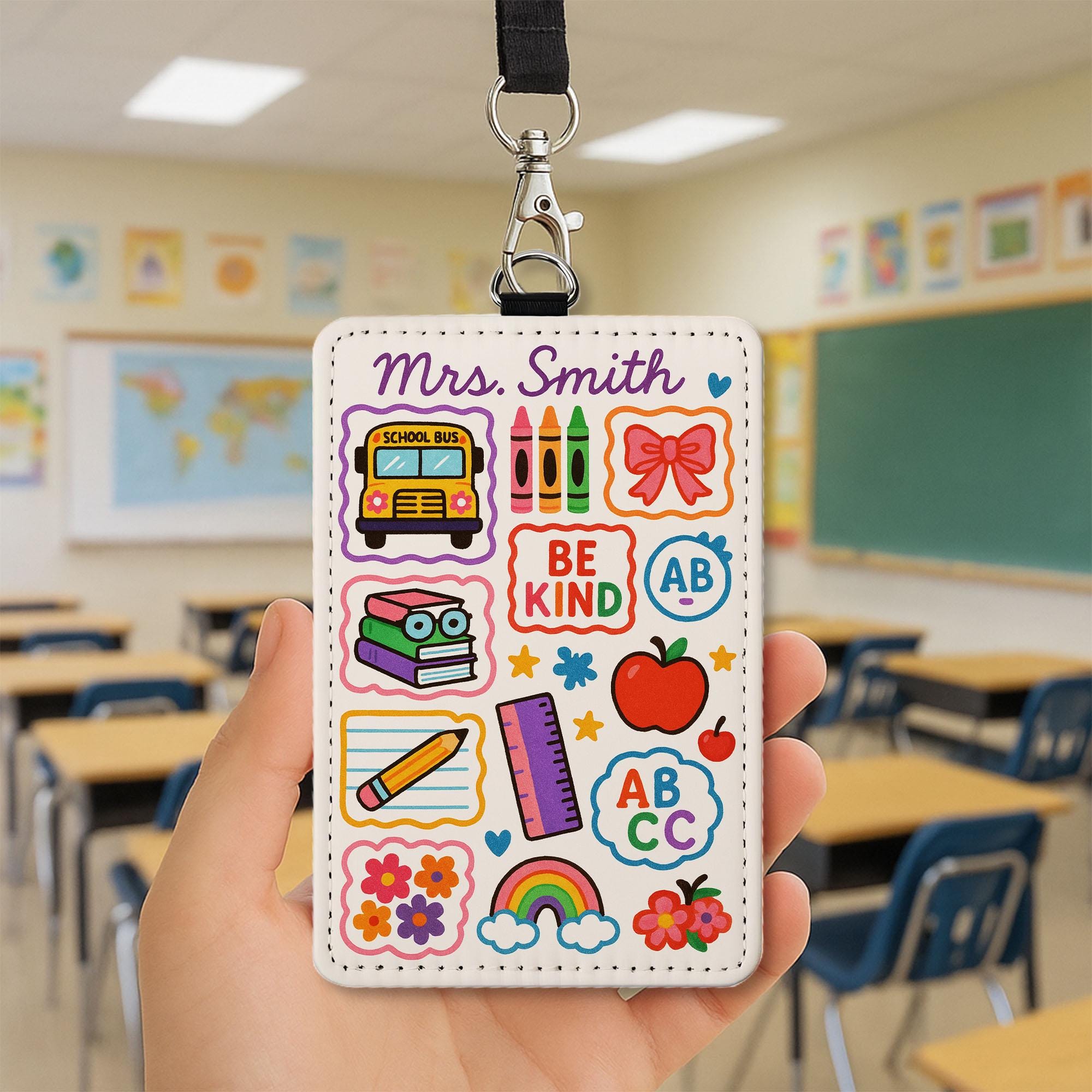 Teacher Badge Holder, Cute School Icons ID Tag, Be Kind Teacher Lanyard, Personalized Teacher Gift, Colorful Classroom Accessory