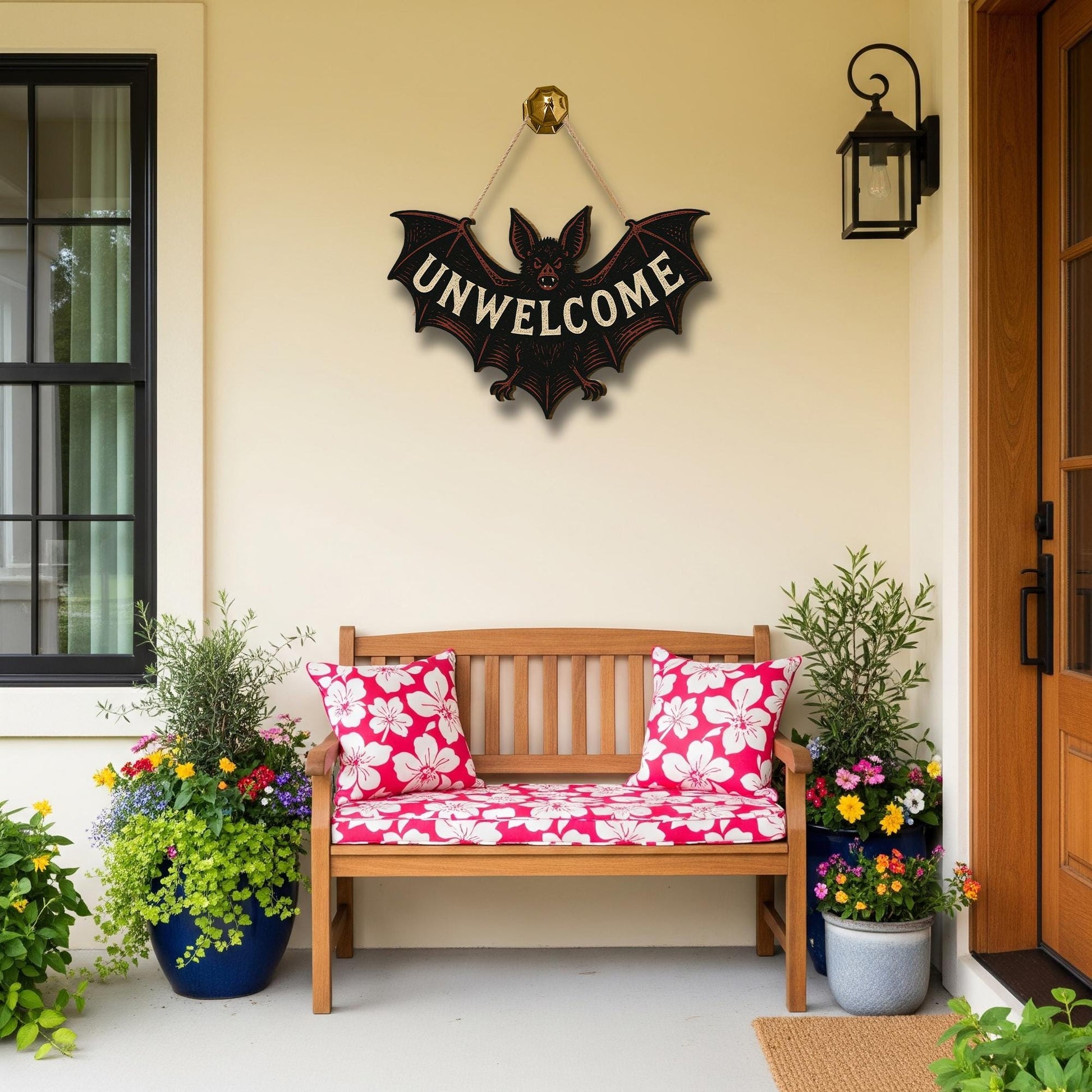 Unwelcome Bat Door Sign – Funny Gothic Wooden Halloween Wall Decor – Spooky Bat Plaque for Front Door or Room