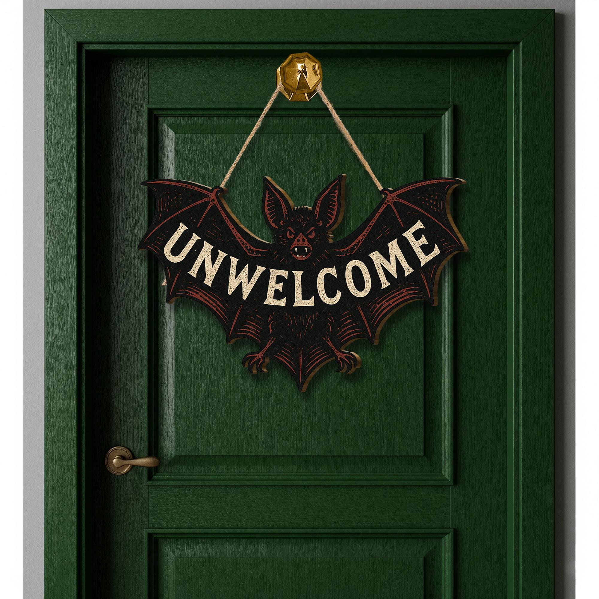 Unwelcome Bat Door Sign – Funny Gothic Wooden Halloween Wall Decor – Spooky Bat Plaque for Front Door or Room