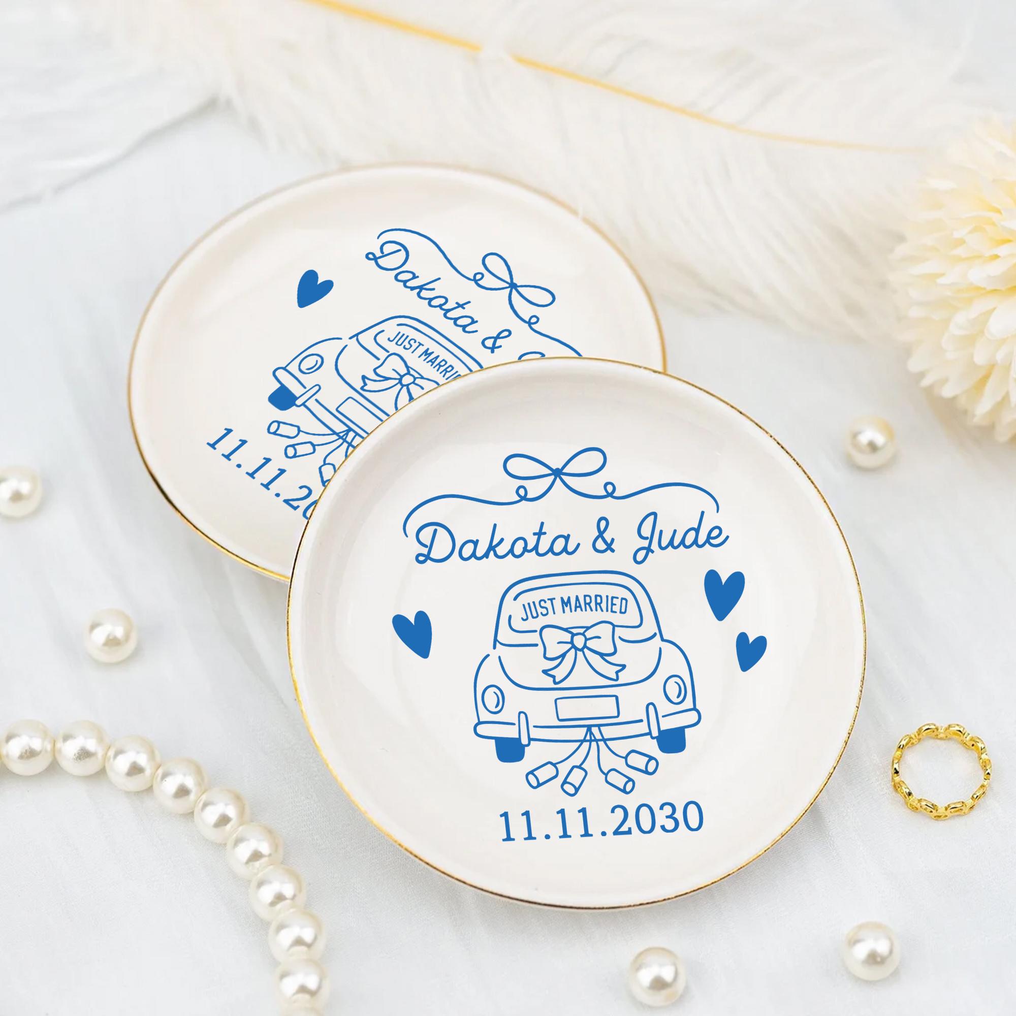 Custom Wedding Jewelry Dish – Personalized Just Married Ring Tray – Ceramic Engagement Gift with Names & Date –DECOR ONLY