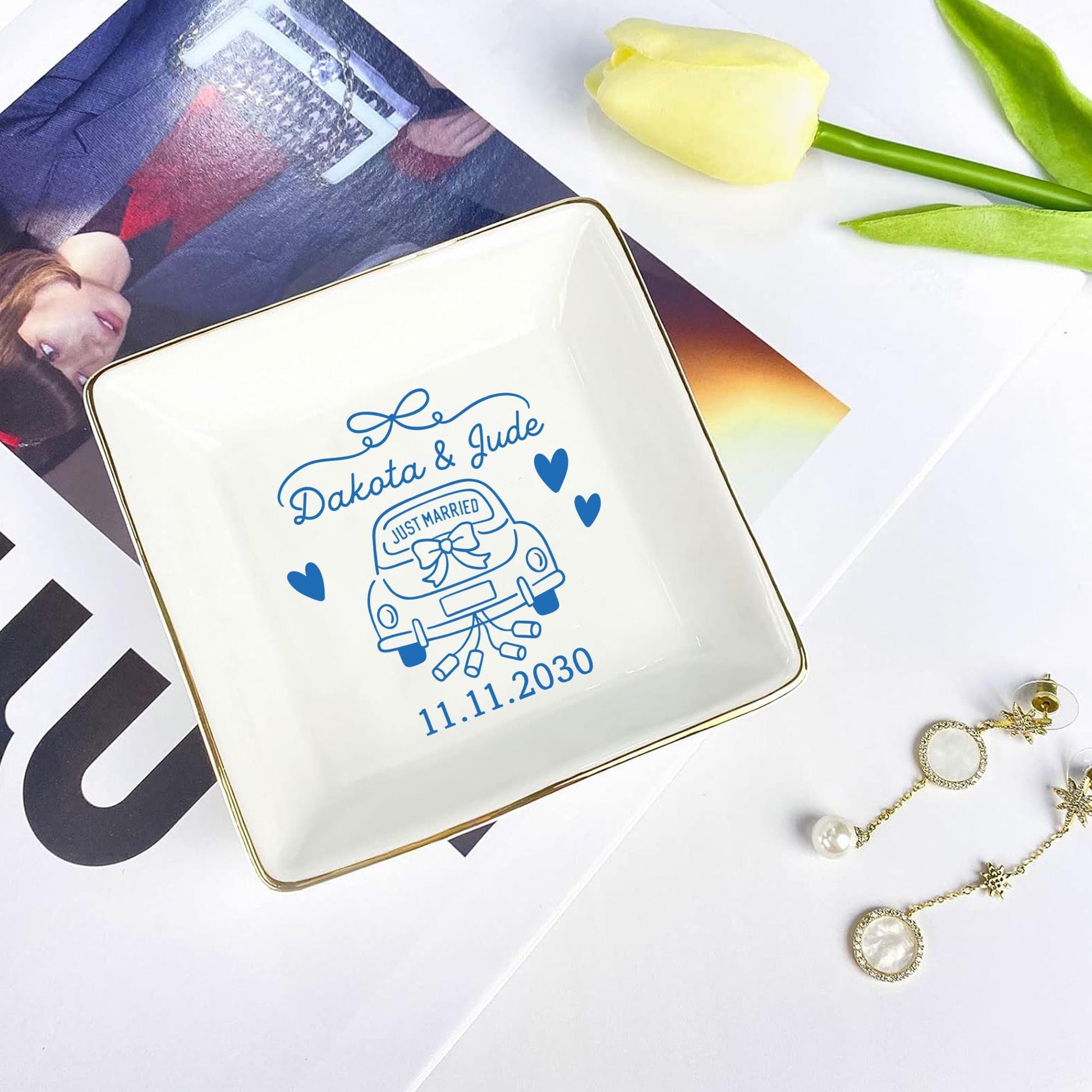 Custom Wedding Jewelry Dish – Personalized Just Married Ring Tray – Ceramic Engagement Gift with Names & Date –DECOR ONLY