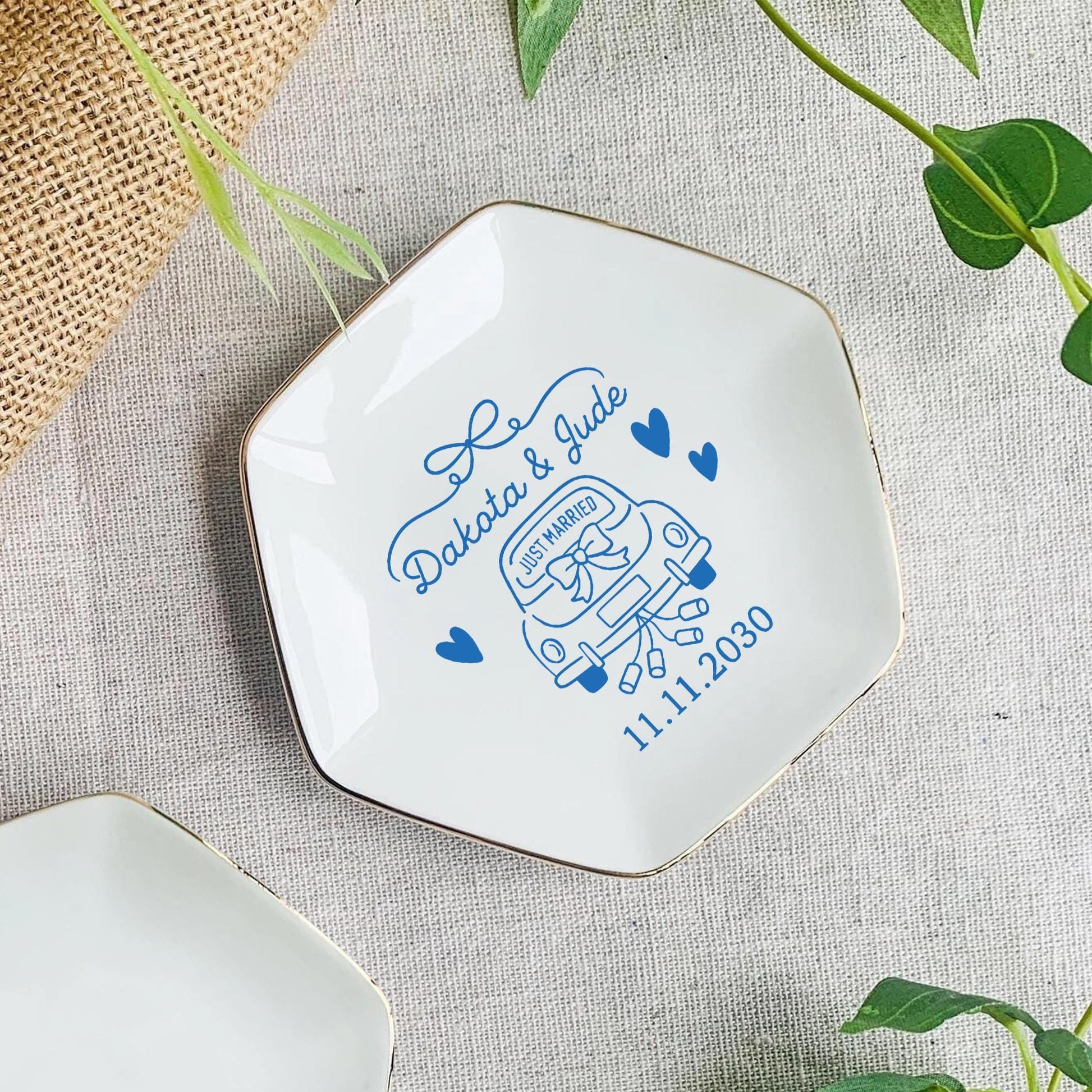 Custom Wedding Jewelry Dish – Personalized Just Married Ring Tray – Ceramic Engagement Gift with Names & Date –DECOR ONLY