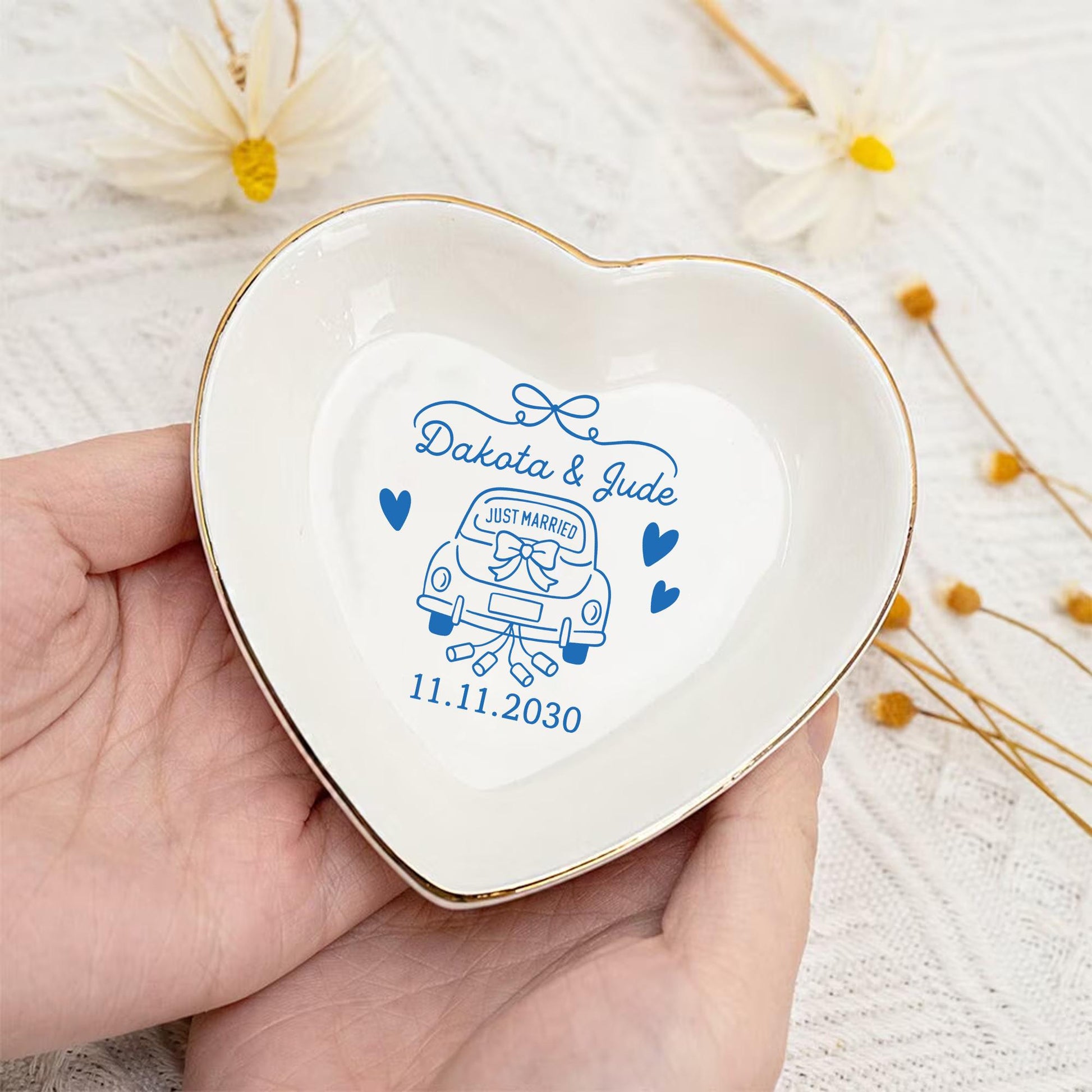 Custom Wedding Jewelry Dish – Personalized Just Married Ring Tray – Ceramic Engagement Gift with Names & Date –DECOR ONLY
