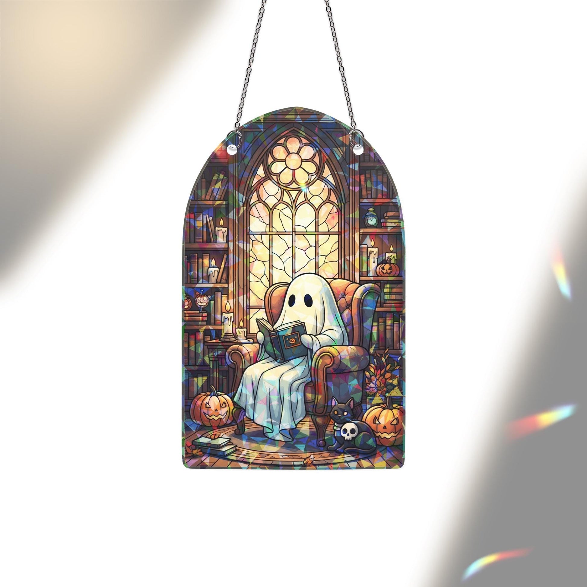 Ghost ACRYLIC Hologram Ornament, Cute Halloween Decor with Book, Pumpkin, Cat, Gothic Window Hanging for Fall Aesthetic Lovers, Witchy Decor